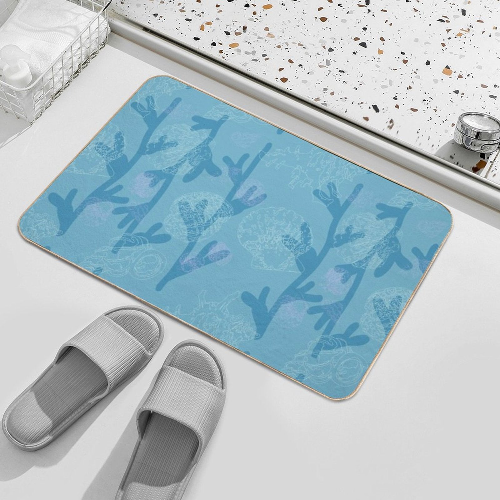 Seashells Seaweed Pattern in Blue  Repositionable Bath Mat