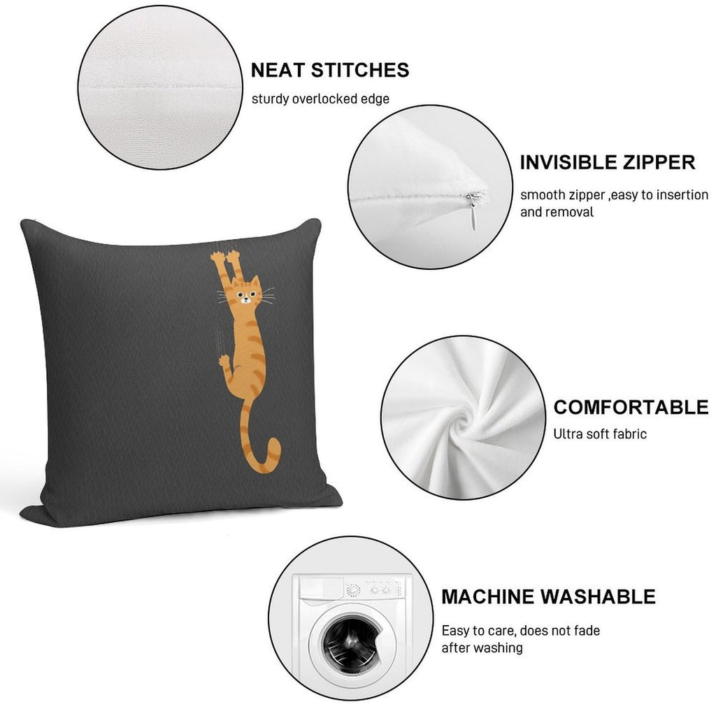 Orange Tabby Cat Hanging On  Funny Striped Cat Soft Home Decor Throw Pillow