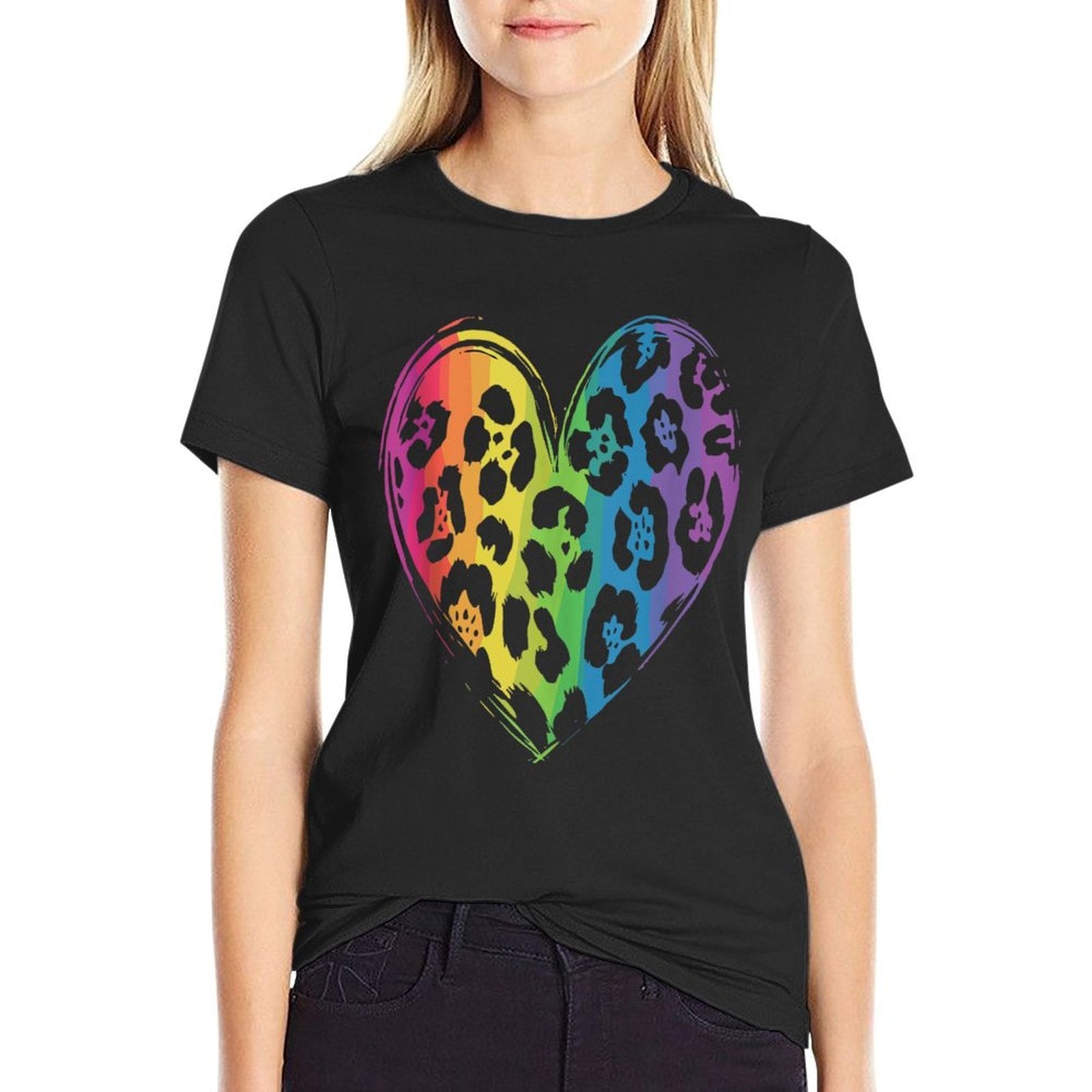 Cool Cheetah Leopard Print Heart Rainbow  Graphic-printed T-Shirt