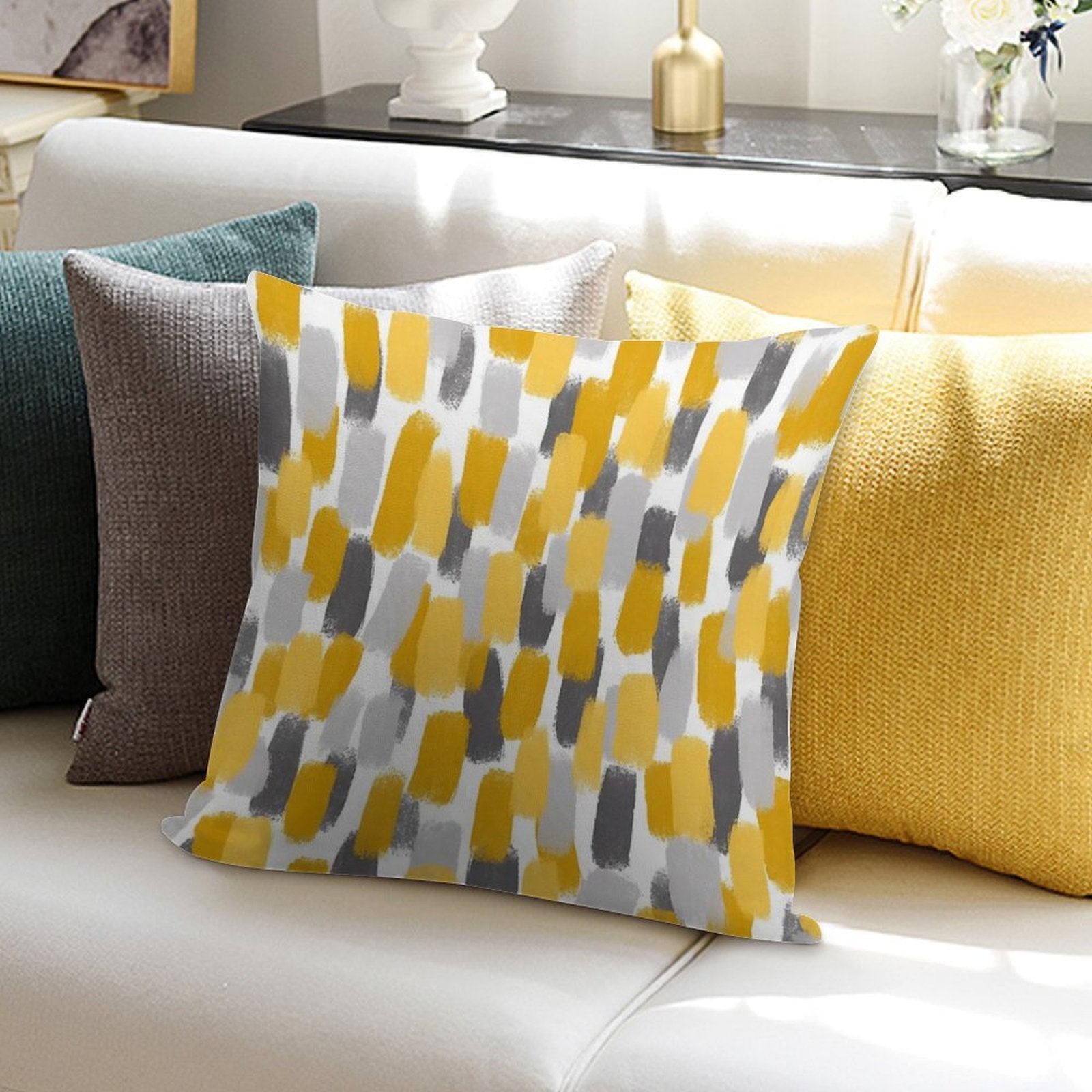 Grey And Mustard Yellow Paint Brush Effect Soft Washable Throw Pillow