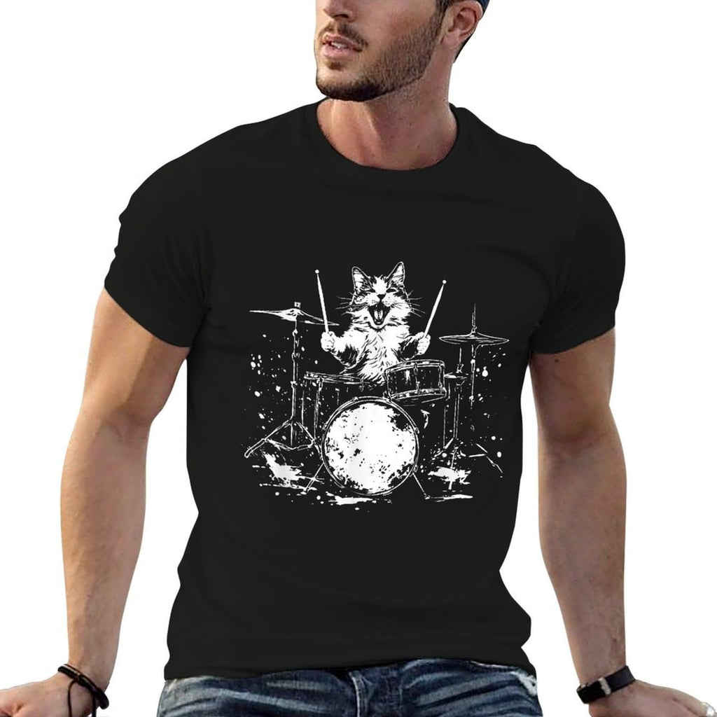 Funny Cat Drummer Drums Drumming Music Lover  Cotton T-Shirt