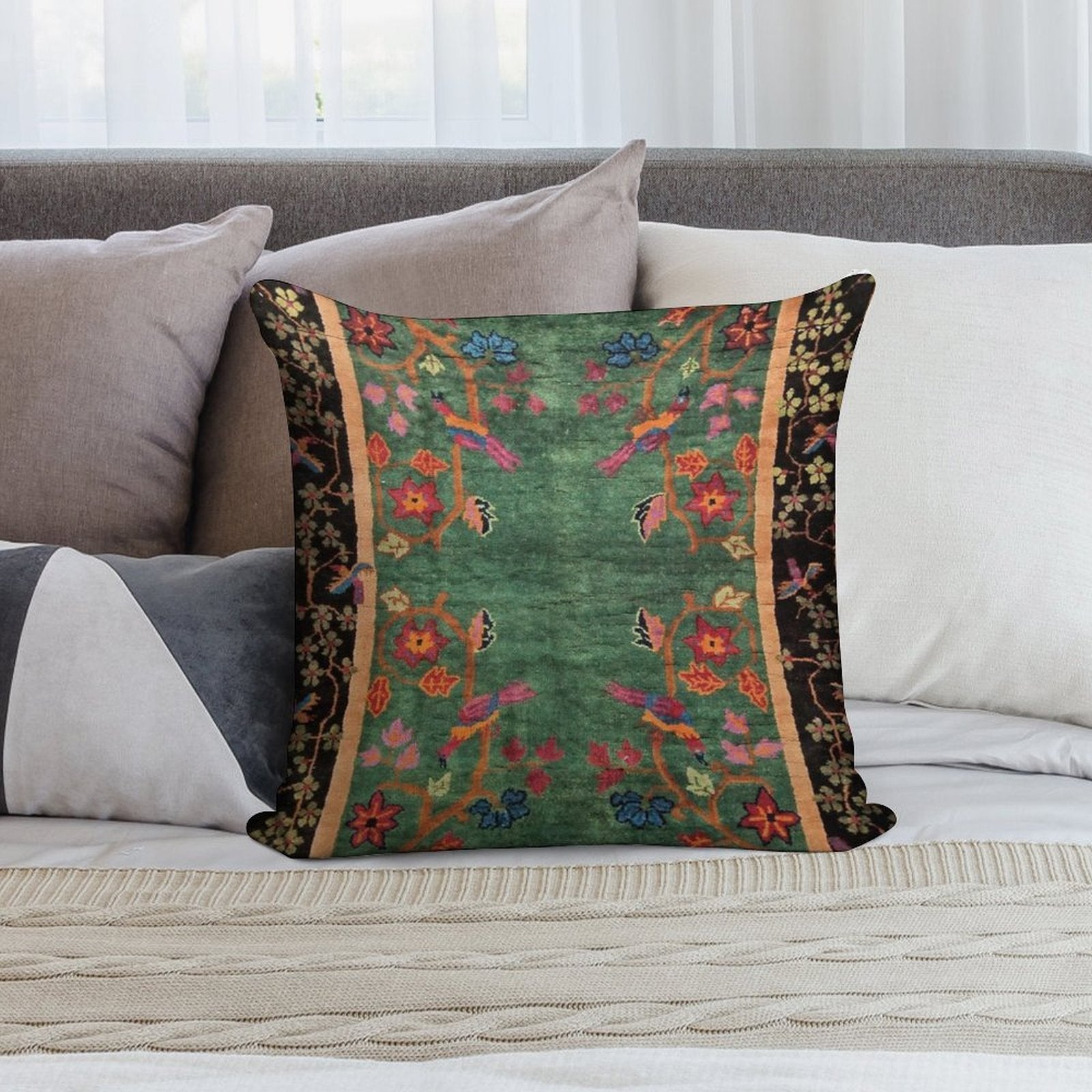 Vintage Art Deco Chinese Rug Print Soft Durable Construction Throw Pillow