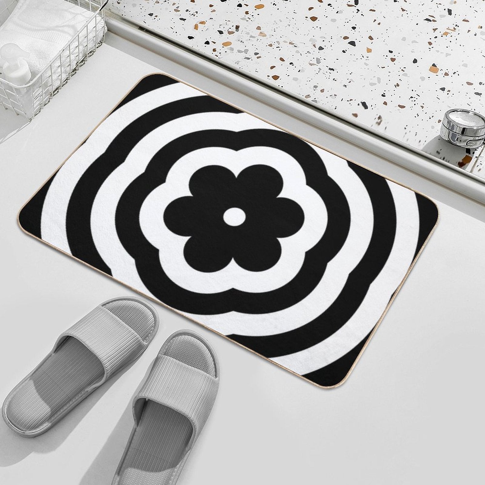 Black And White Rainbow Mod Flower  Anti-Trip Bath Mat