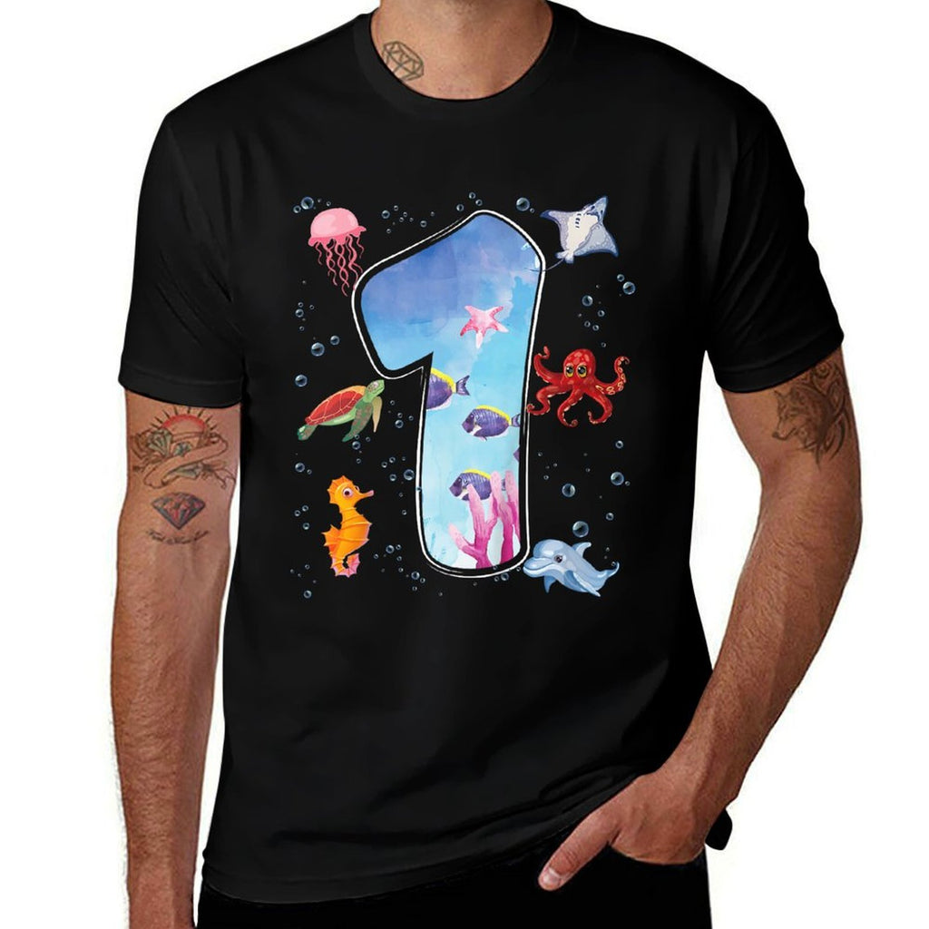 Kids 1st Birthday Party Ocean 1 Year Old Sea Fish Aquarium Boy  Summer-ready Fabric T-Shirt