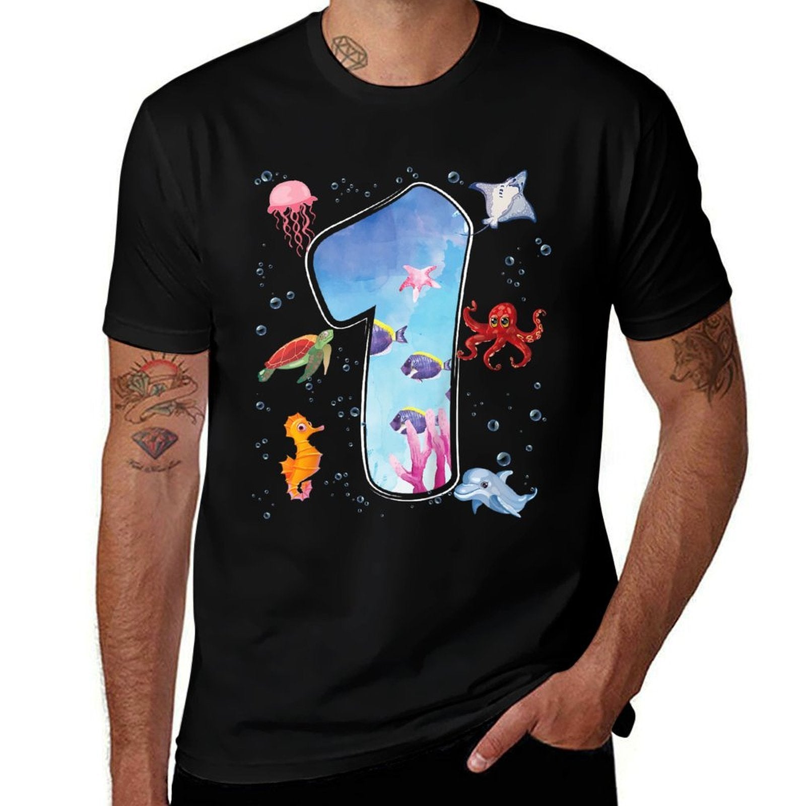Kids 1st Birthday Party Ocean 1 Year Old Sea Fish Aquarium Boy  Summer-ready Fabric T-Shirt