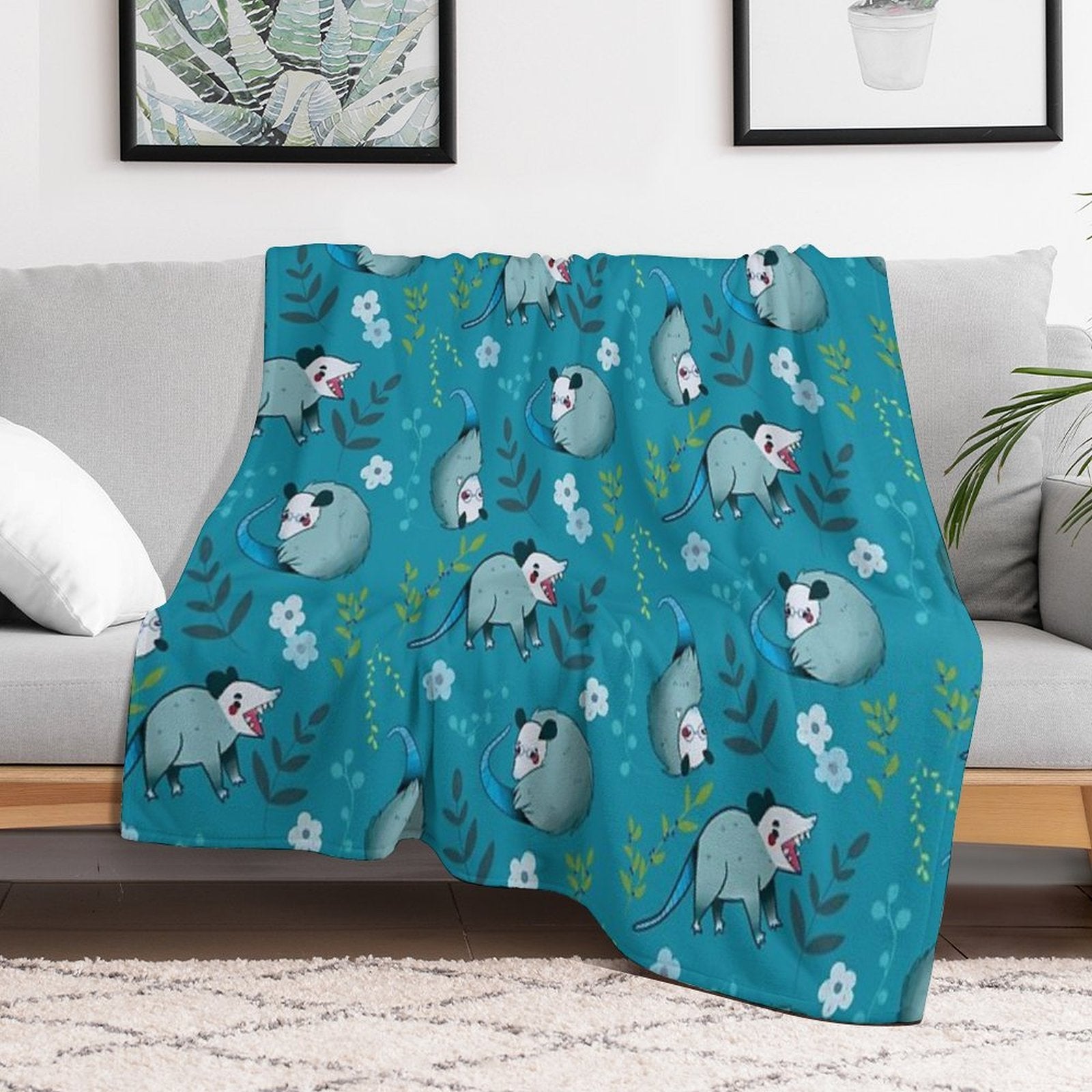 Possum - Cute Blue And Green Cartoon Animal Pattern Versatility Throw Blanket