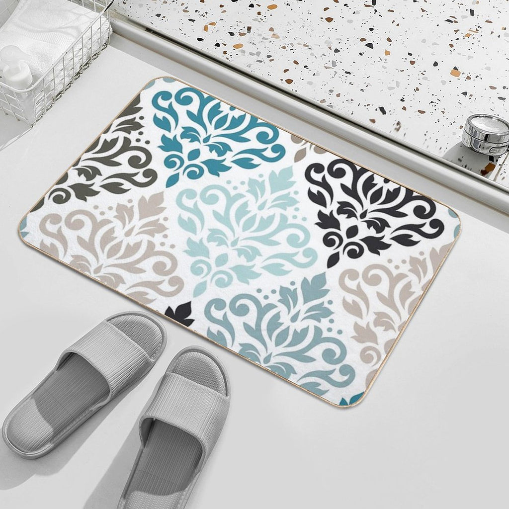 Scroll Damask Pattern Teals Browns White  Anti-Trip Bath Mat