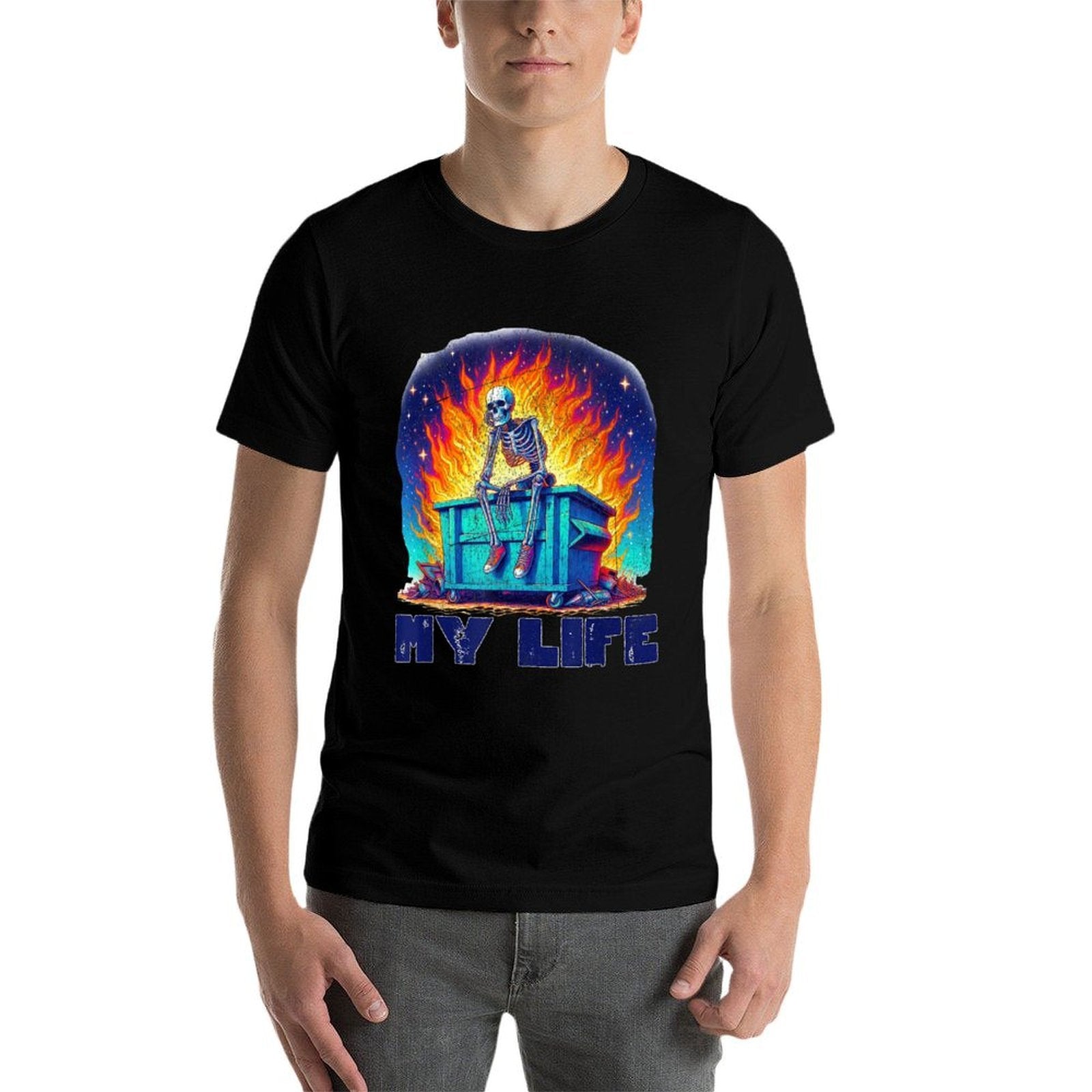 Skeleton Dumpster Fire My Life Sarcastic Meme Sus Bro Gamer  Summer-ready Fabric T-Shirt