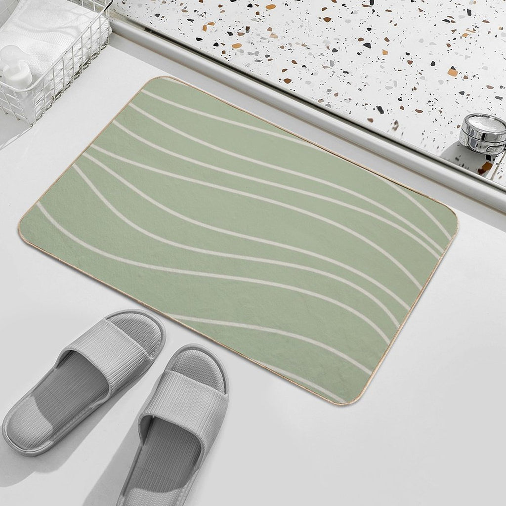 Sage Waves - Minimalist Abstract Line Pattern in Sage Green And Beige  Non-Slip Bath Mat