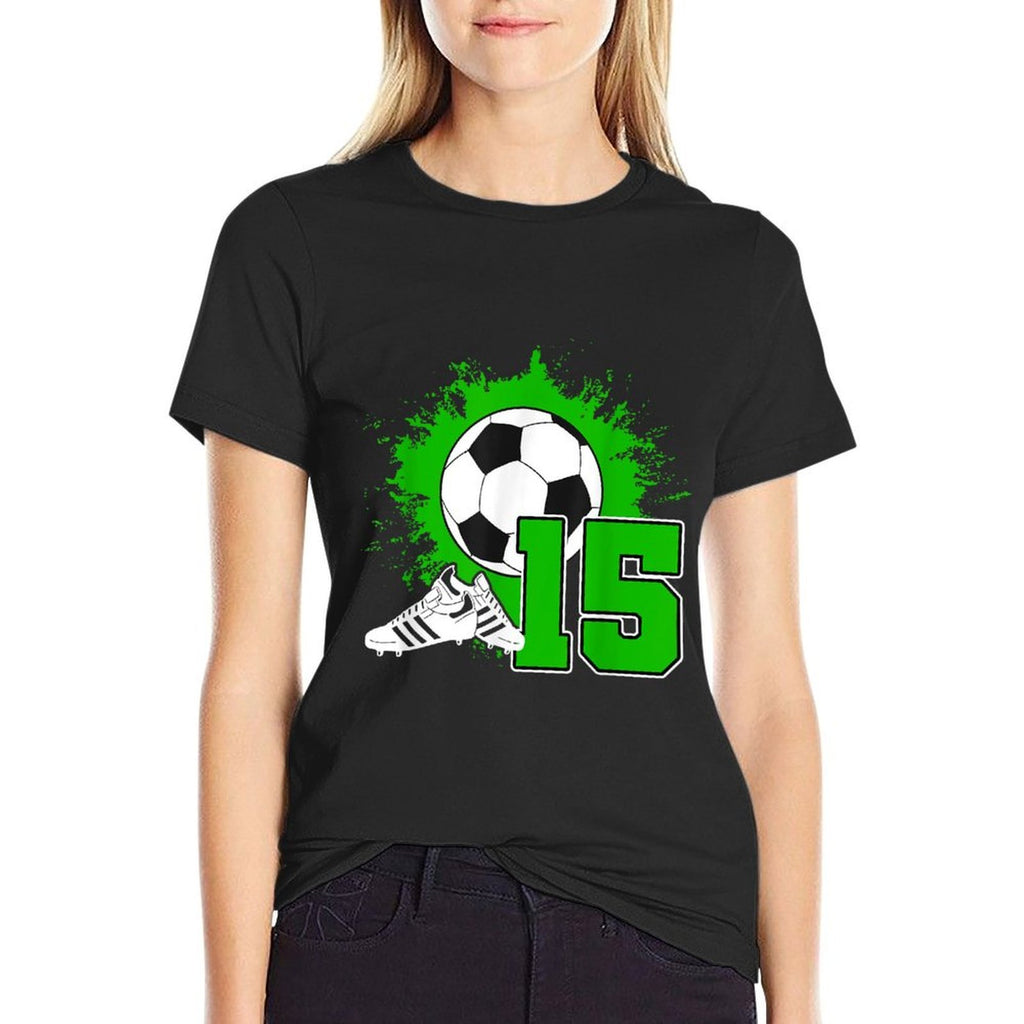Kids Soccer Birthday Party 15 Year Old Boy 15th Birthday  Ribbed Collar T-Shirt