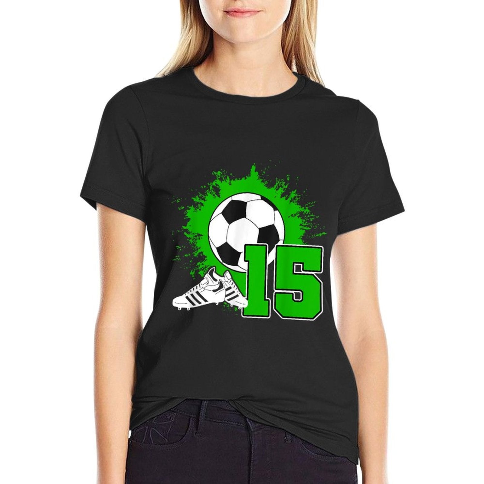 Kids Soccer Birthday Party 15 Year Old Boy 15th Birthday  Ribbed Collar T-Shirt