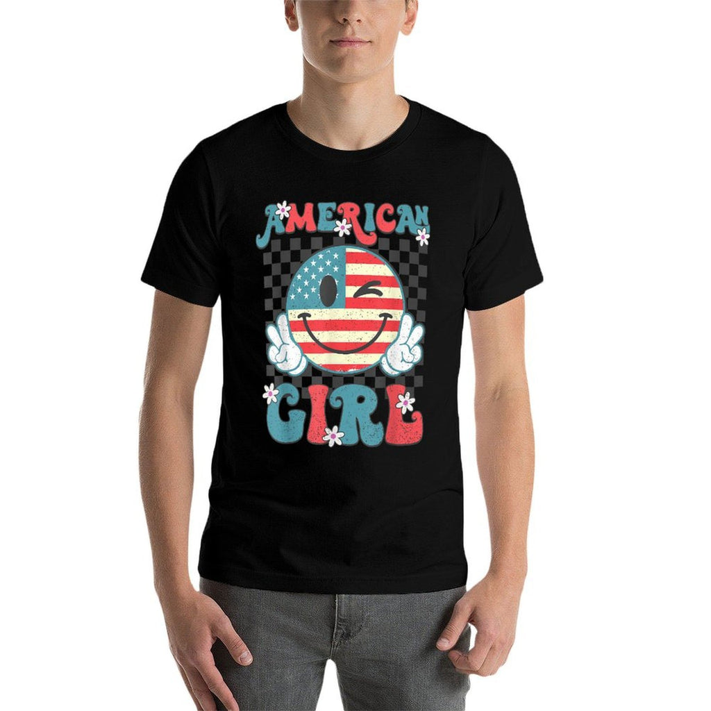 Retro American Girl 4th of July Smile Checkered Womens Girls  Tagless Design T-Shirt