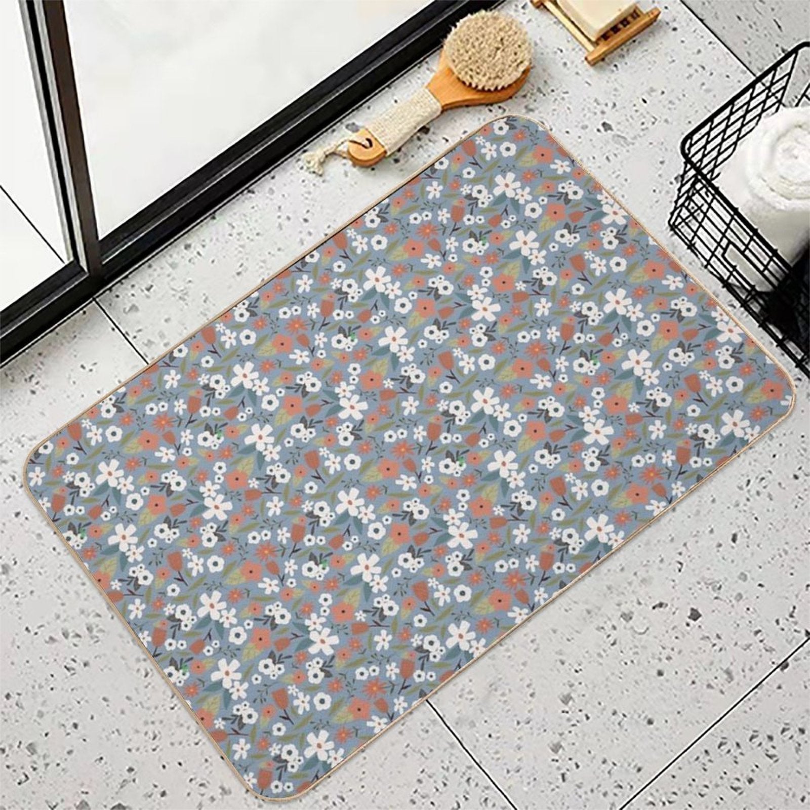 White Flowers on Blue Background Vintage Seamless Pattern  Non-Slip Bath Mat
