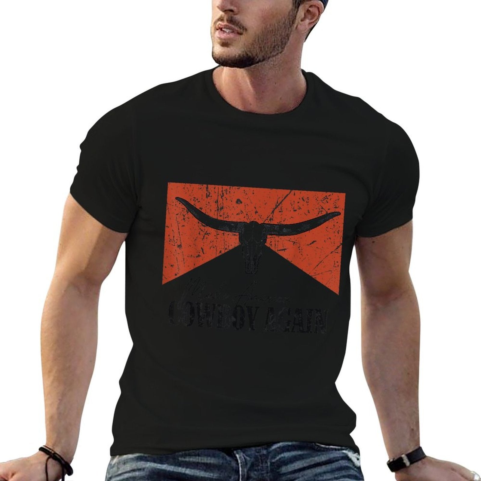 Vintage Bull Skull Makes America A Cowboy Again Country  Graphic-printed T-Shirt