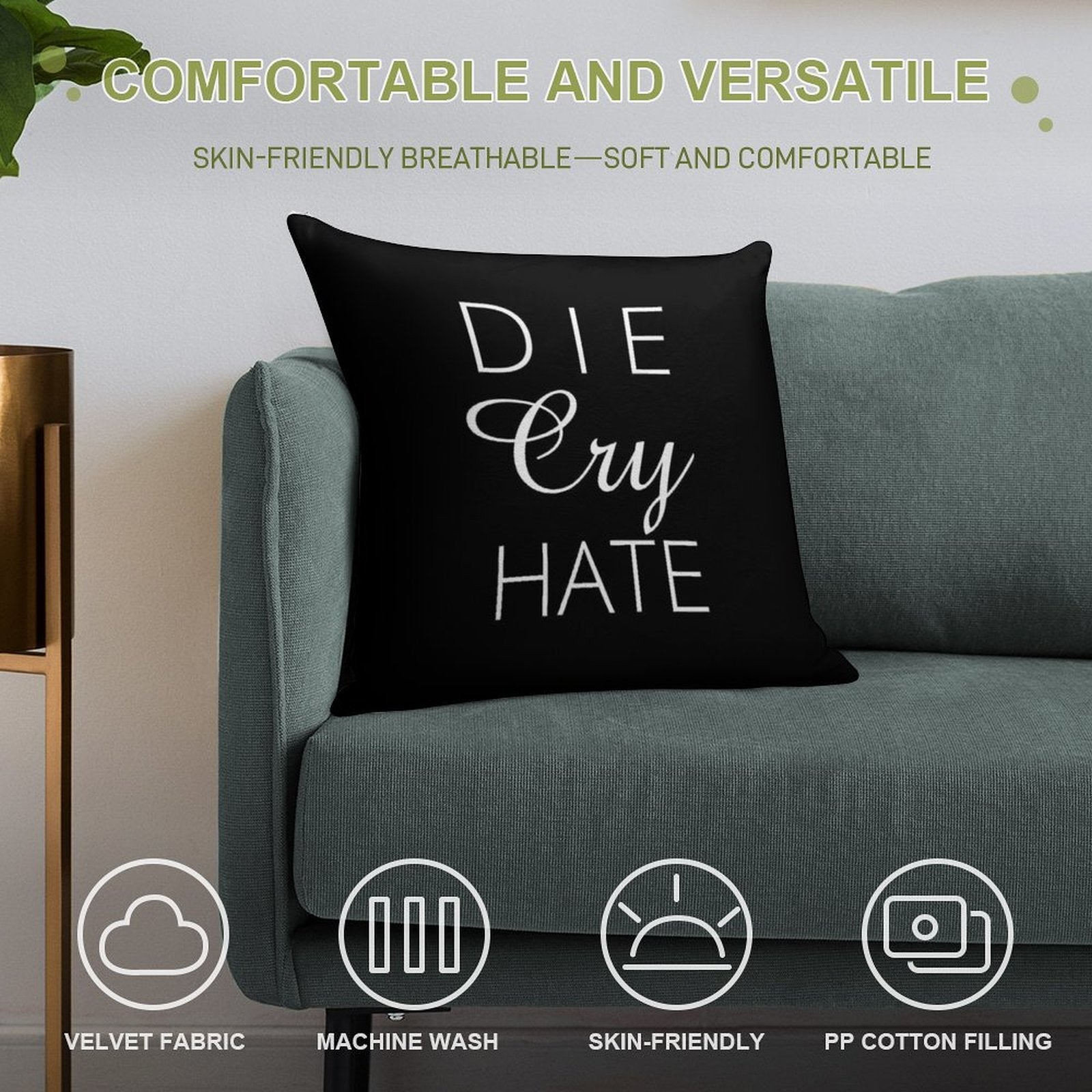 Die Cry Hate - Live Laugh Love Parody - White Text Soft Short Plush Fabric Throw Pillow