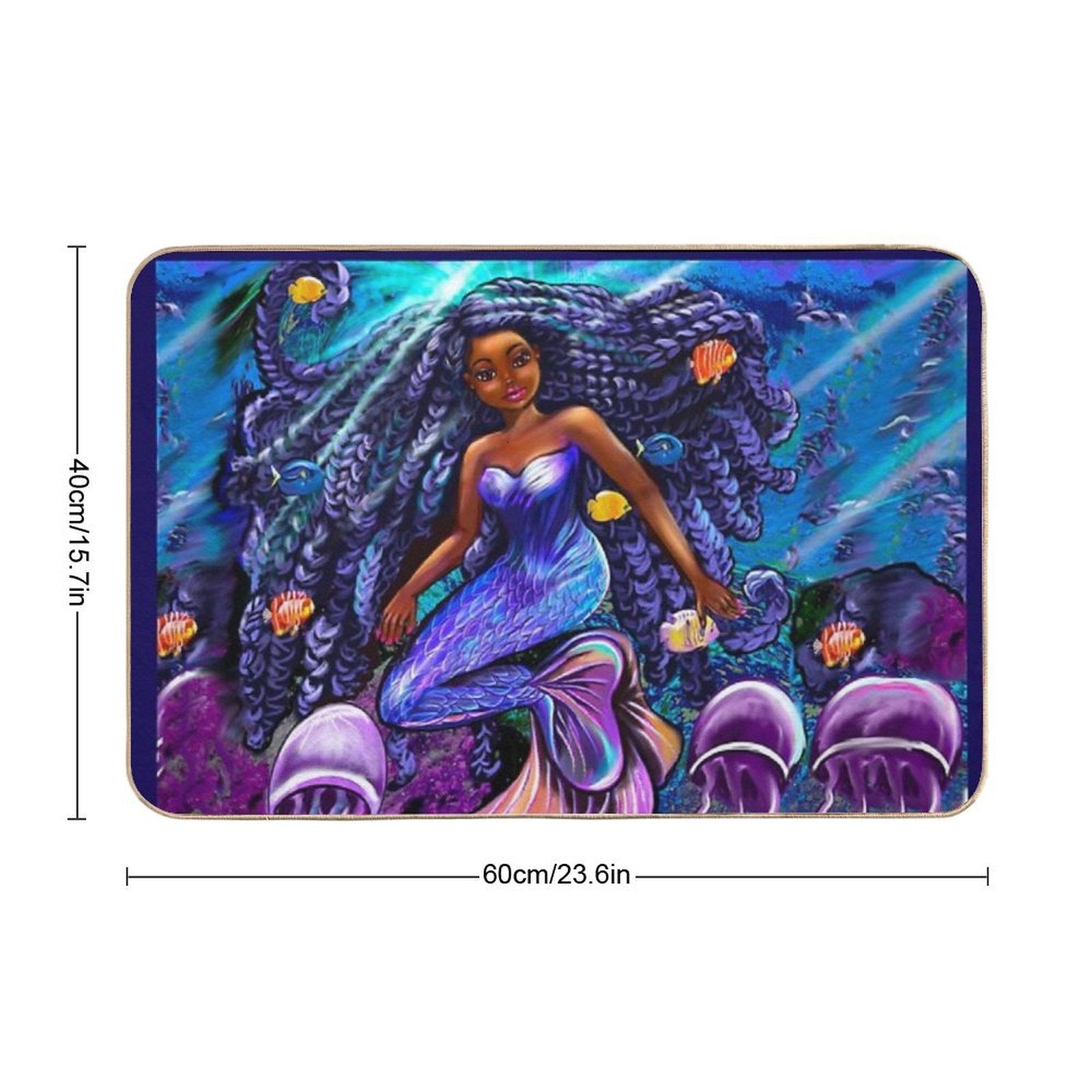 Mermaid Underwater with Flowing Shimmering Blue Black Braids 2 Fish And Jelly Fish  , Brown Eyes Curly Afro Hair And Caramel Bro  Stain-Proof Bath Mat