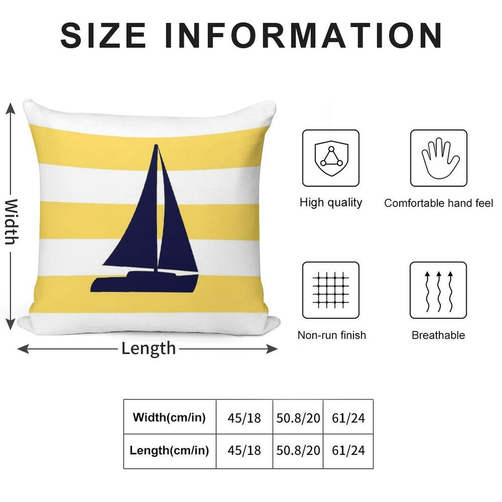 Nautical Navy Blue Sailboat On Mustard Yellow Stripes Soft Bedroom Essential Throw Pillow