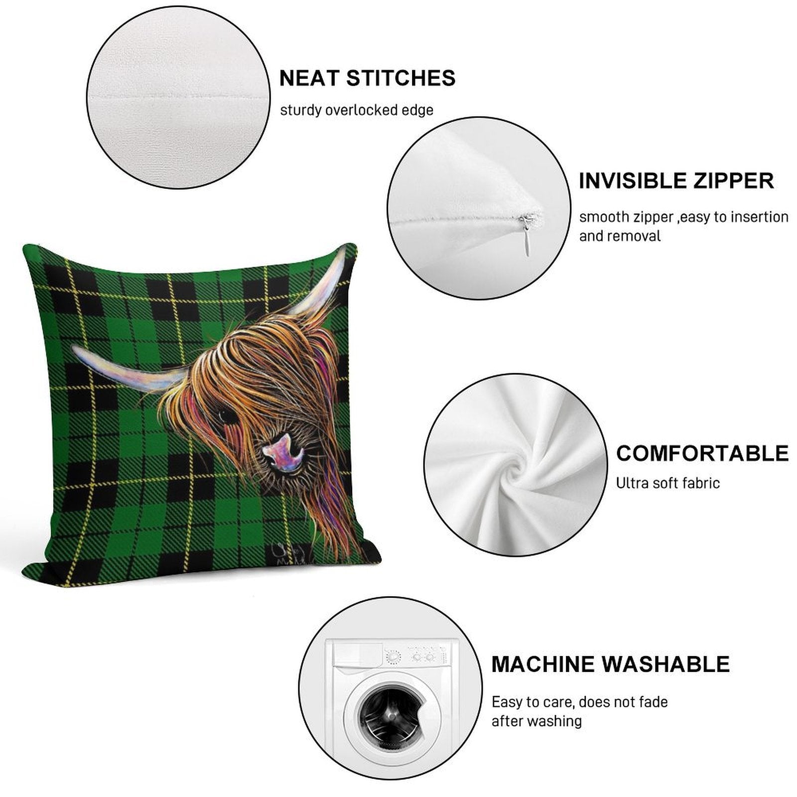 SCoTTiSH HiGHLaND CoW ' TaRTaN NooDLeS G ' by SHiRLeY MacARTHuR Soft Home Decor Throw Pillow