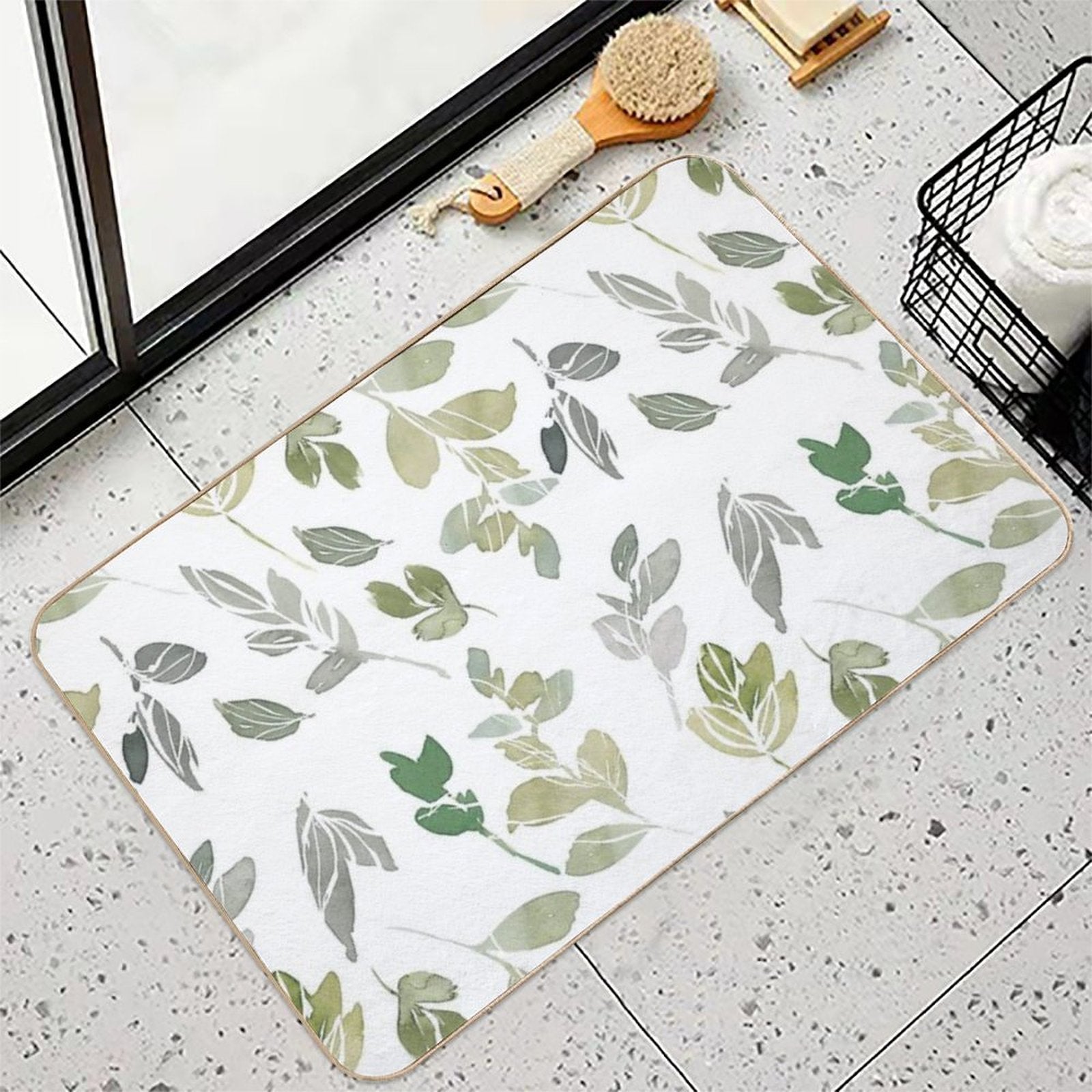 White Watercolor Leaves Pattern  Repositionable Bath Mat