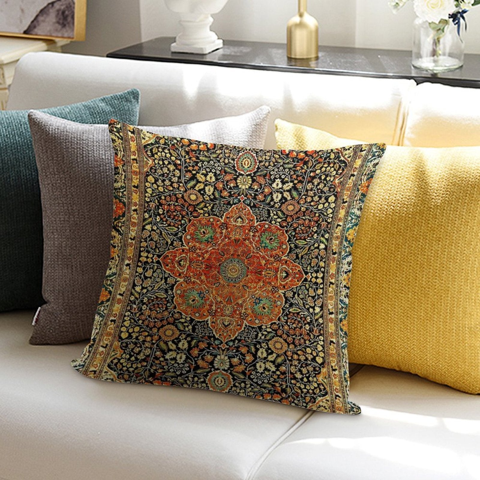 Antique Persian Mohtashem Kashan Rug Print Soft Reinforced Edging Throw Pillow