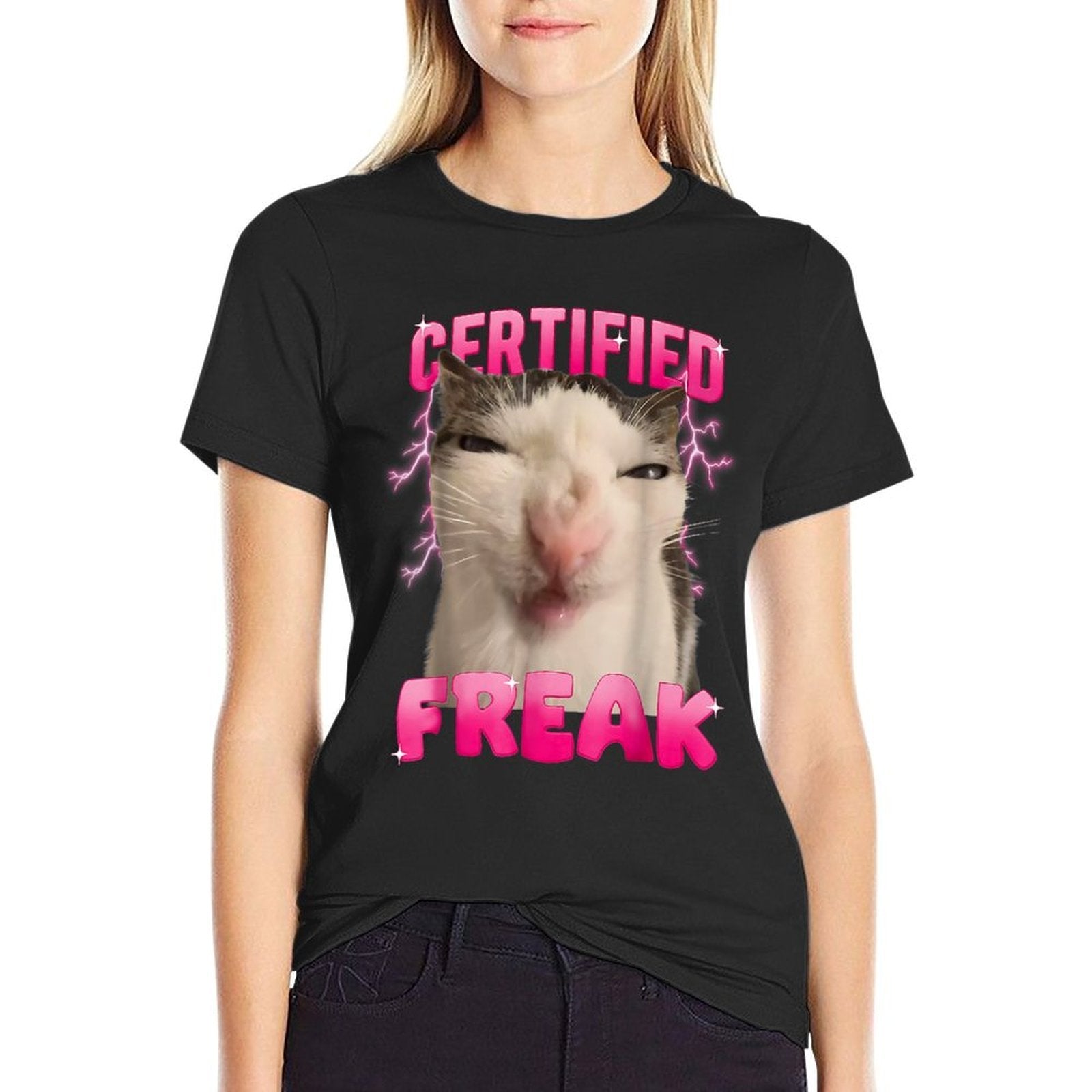Certified Freak Eat Cement Cursed Cat Funny Cat Meme  Ribbed Collar T-Shirt