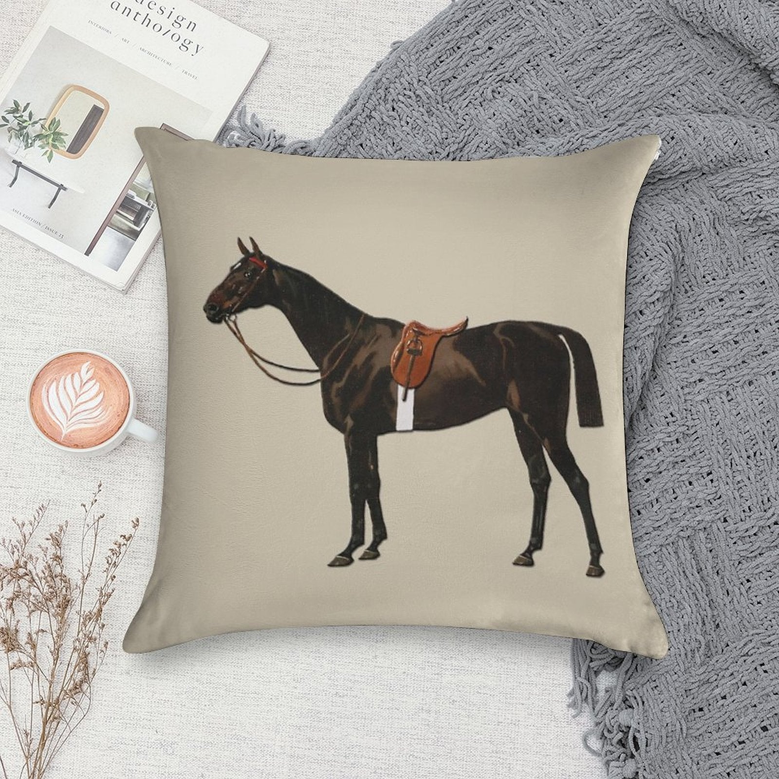 Vintage Equestrian Saddled Riding Horse Soft Anti-Pilling Throw Pillow