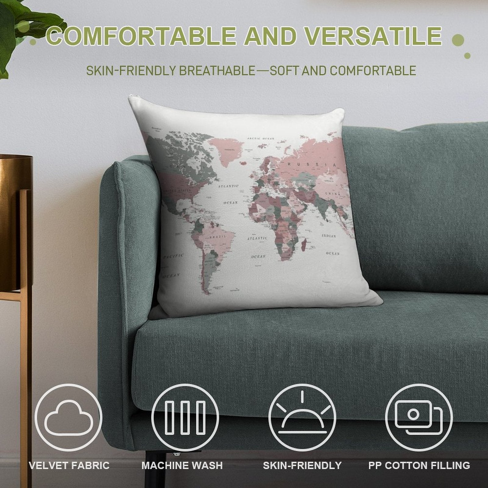Map of The World in Pink And Green Soft Decorative Cover Throw Pillow