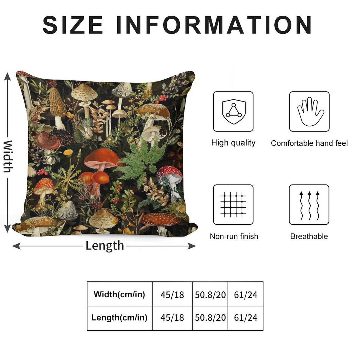 Vintage Midnight Mushrooms Forest Botanical Night Garden Pattern - Black Colorful Nightgarden Soft Luxury Feel Throw Pillow