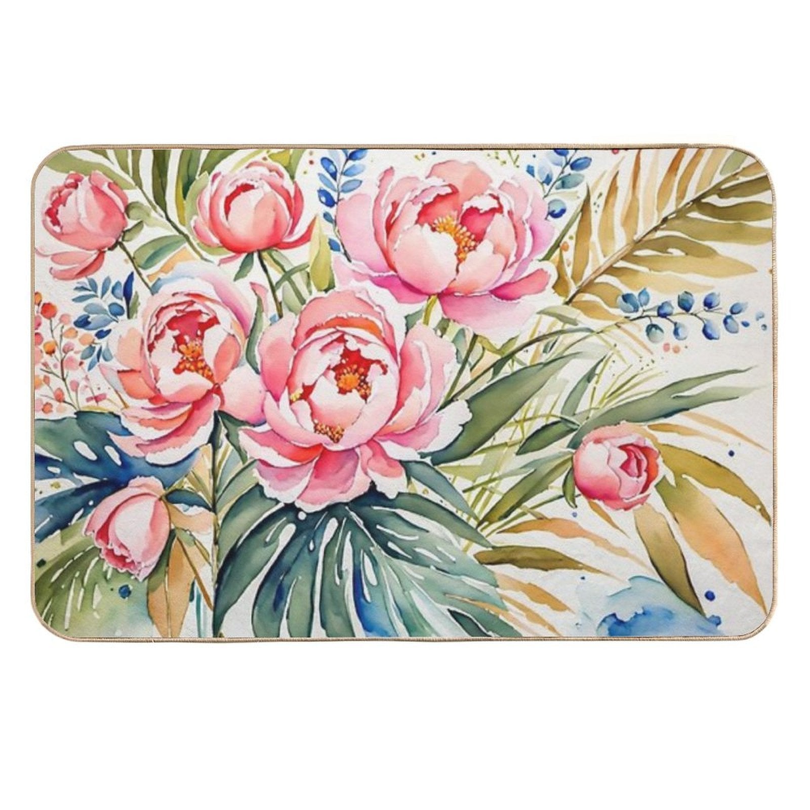 Beautiful Flower And Plant in Loose Watercolor Painting - Monstera Leaves- Blue Purple Peach Hydrangea, Hortensia, Peony And Ros  Versatile Bath Mat