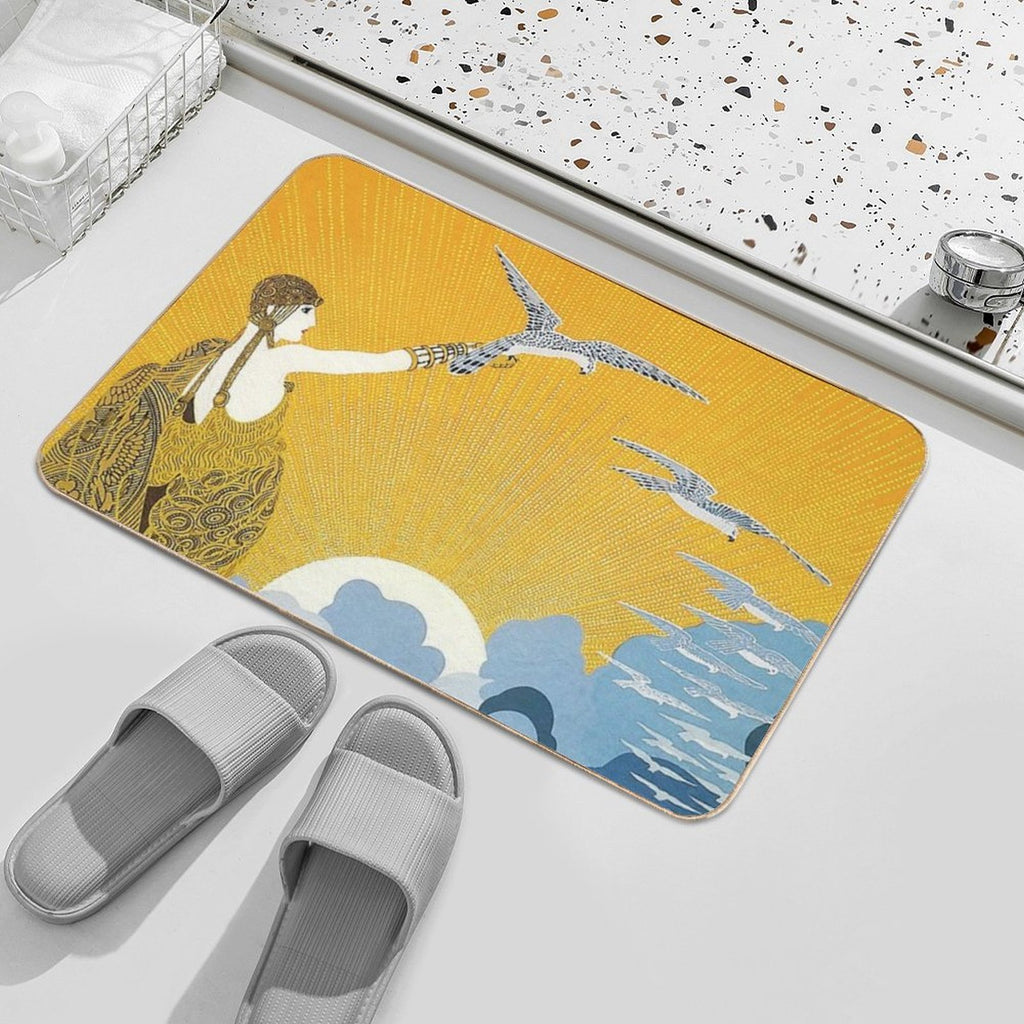 Art Deco Era Fashion, Woman with Birds And Ocean  Non-Slip Bath Mat