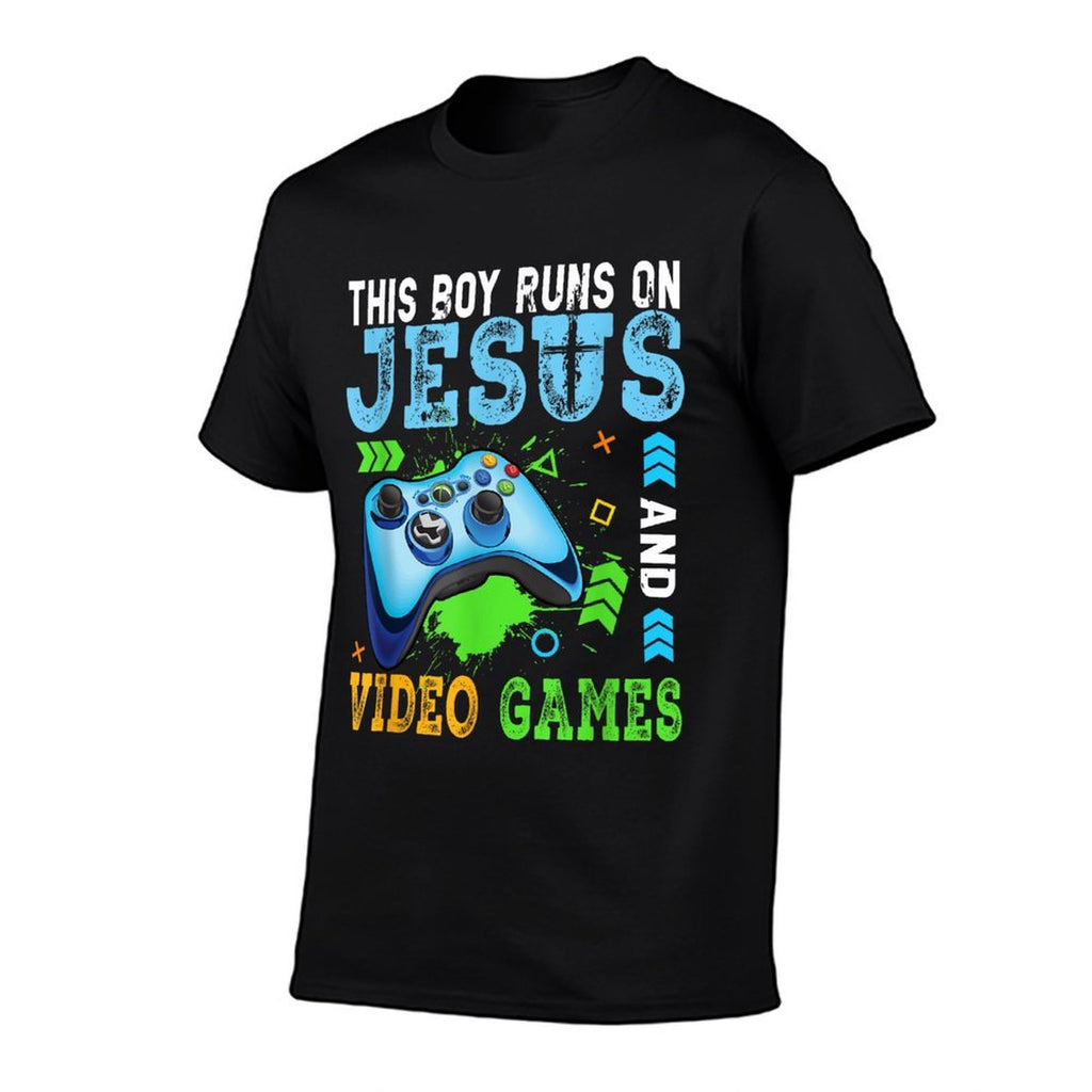 This Boy Runs On Jesus And Video Games Christian Gamer  Tagless Design T-Shirt