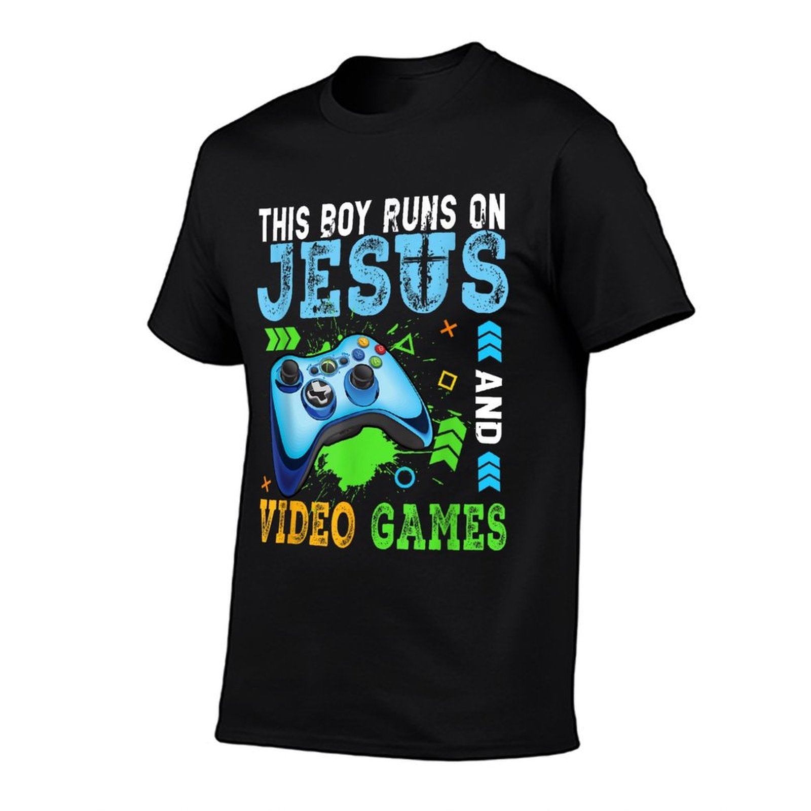 This Boy Runs On Jesus And Video Games Christian Gamer  Tagless Design T-Shirt