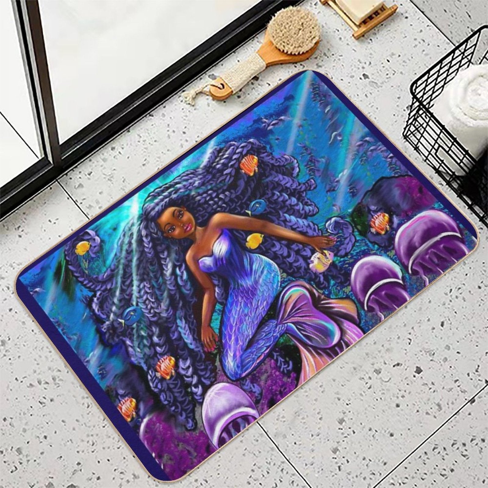 Mermaid Underwater with Flowing Shimmering Blue Black Braids 2 Fish And Jelly Fish  , Brown Eyes Curly Afro Hair And Caramel Bro  Stain-Proof Bath Mat