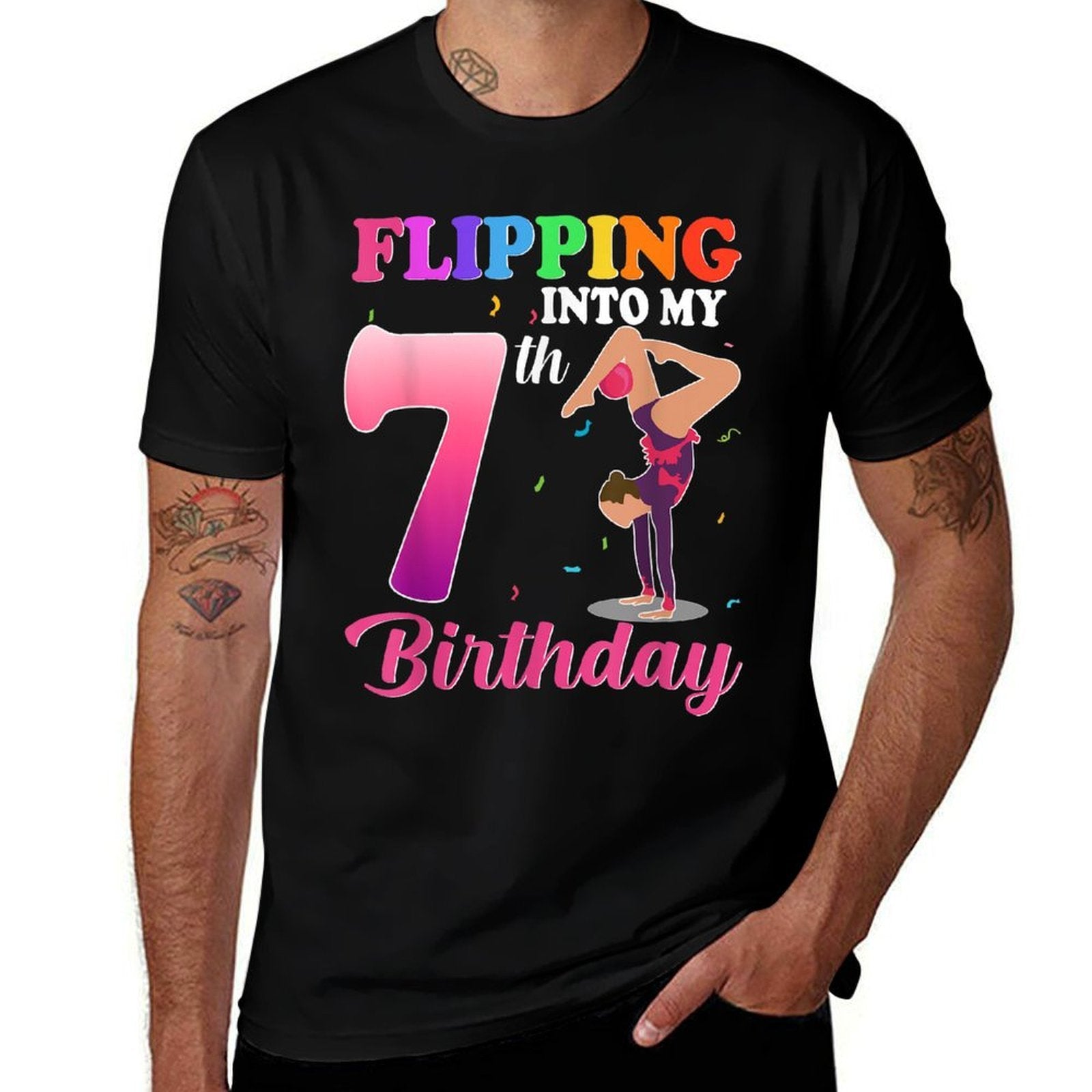 Flipping Into 7th Birthday Girl Gymnastic 7 Year Old Party  Moisture-wicking T-Shirt