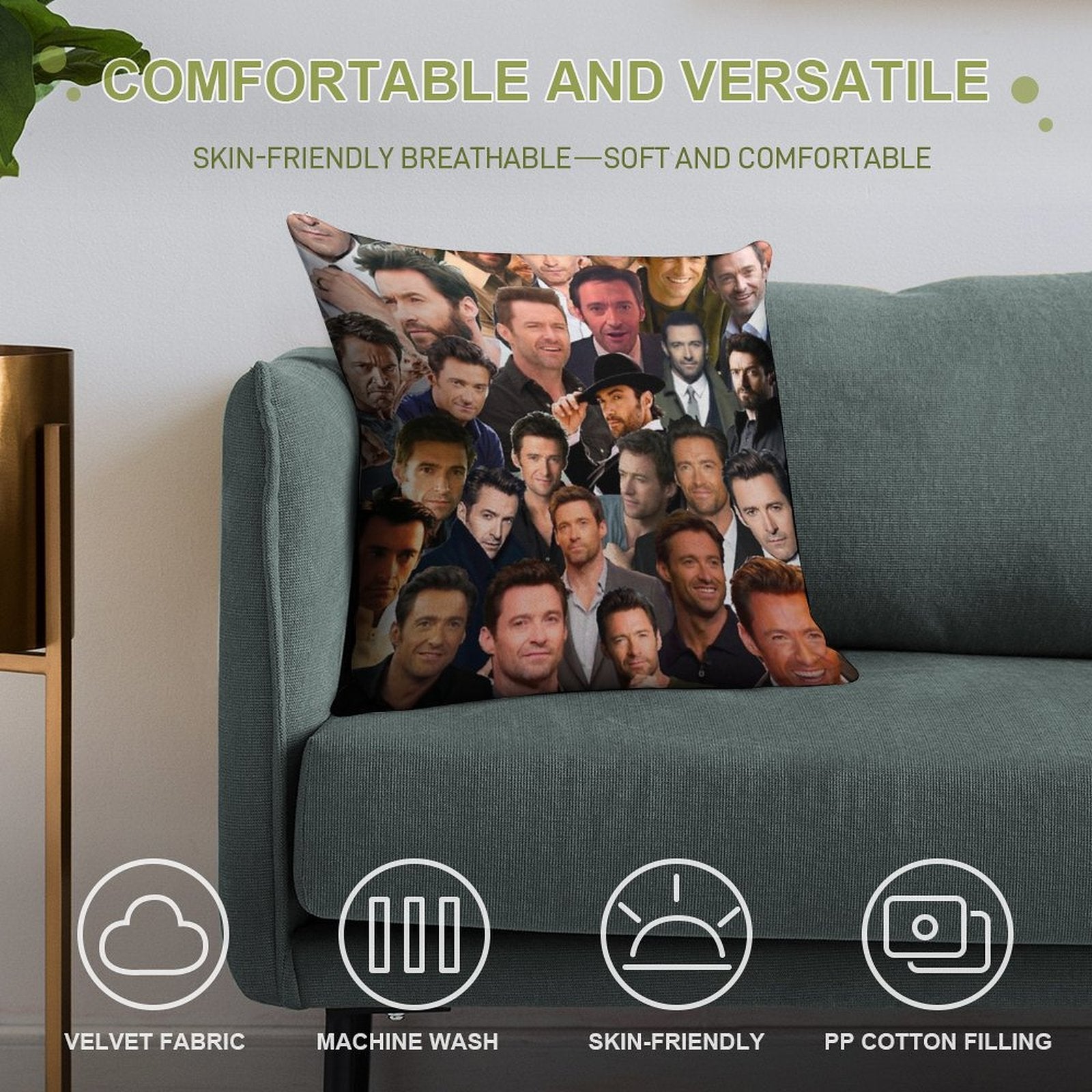 Hugh Jackman Photo Collage Soft Gift Ready Throw Pillow