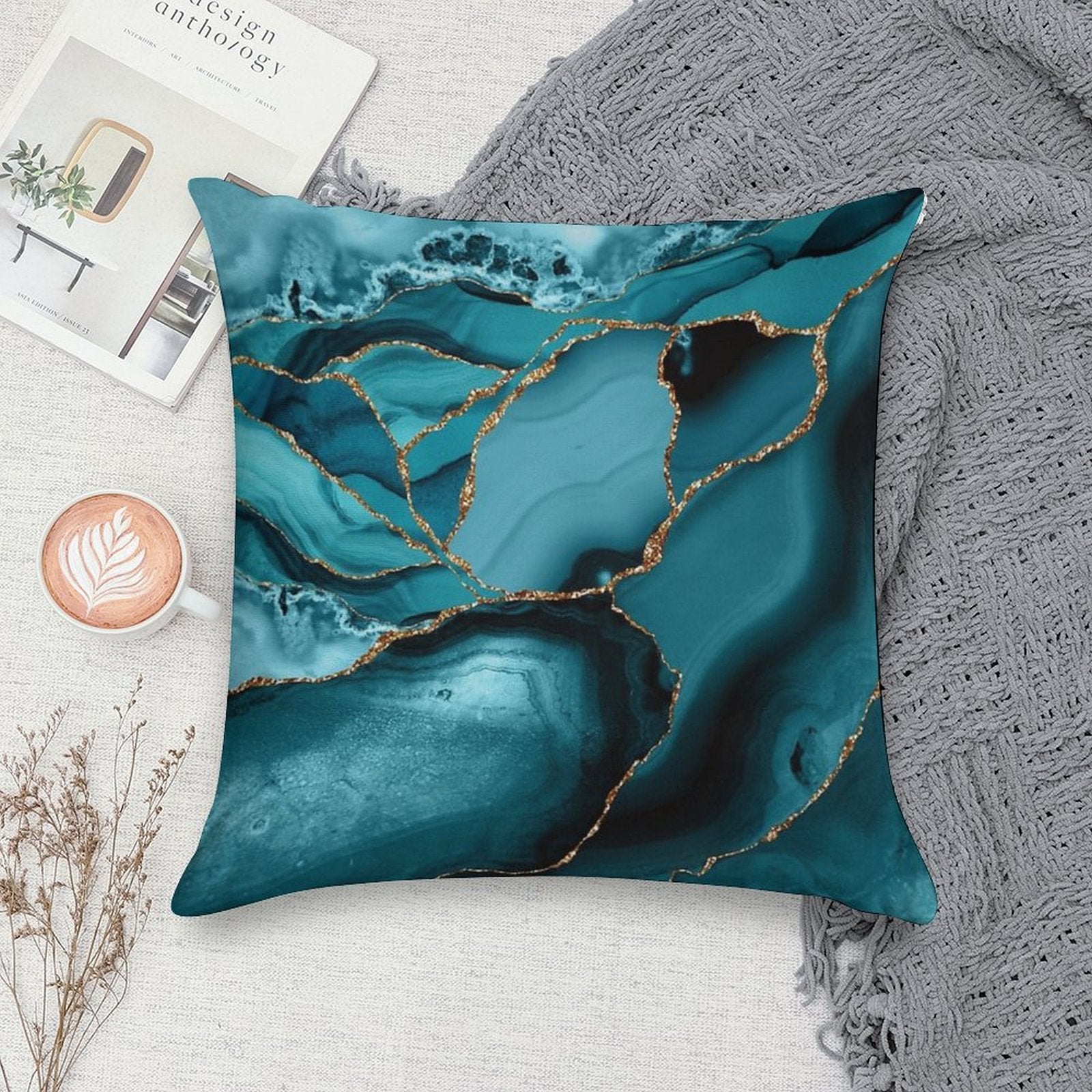 Teal And Gold Faux Marble Landscape Waves Soft Decorative Cover Throw Pillow