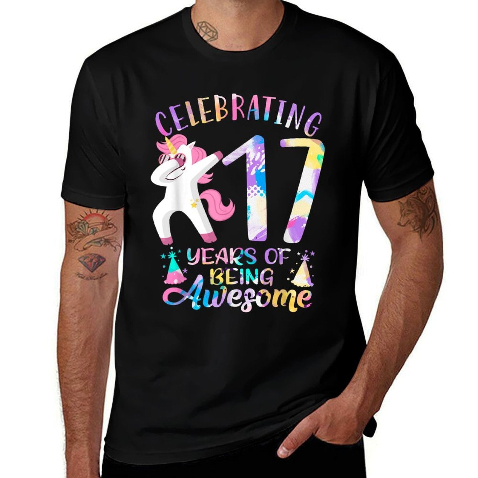 Celebrating 17 Years of Being Awesome Unicorn 17th Birthday  Ribbed Collar T-Shirt