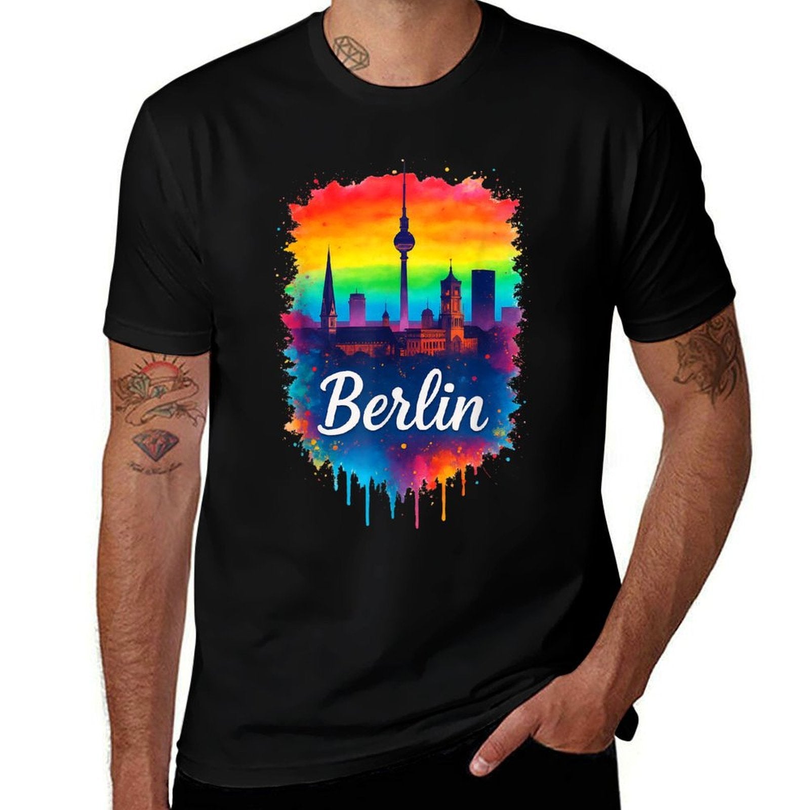 Berlin Germany City TV Tower Skyline Watercolour Rainbow  Summer-ready Fabric T-Shirt