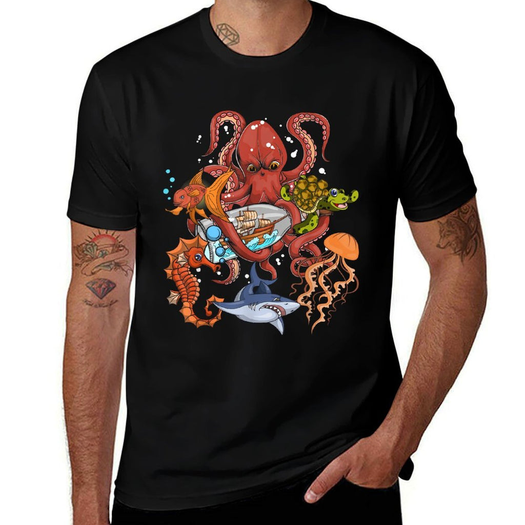 Jellyfish Turtle Seahorse Shark Octopus Kids Ocean Animal  High-quality Stitching T-Shirt