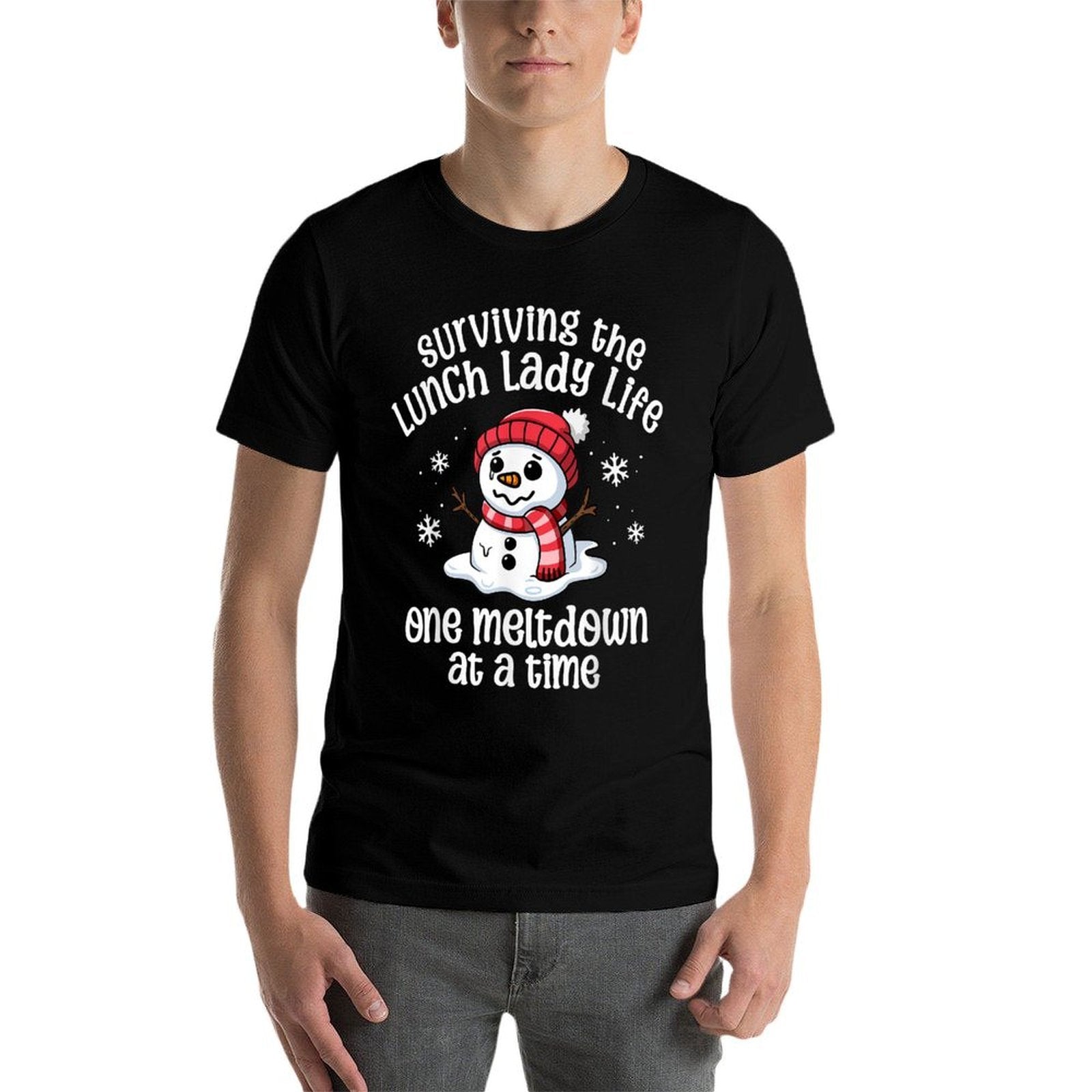 Lunch Lady Christmas One Meltdown At A Time Snowman Winter  Ribbed Collar T-Shirt