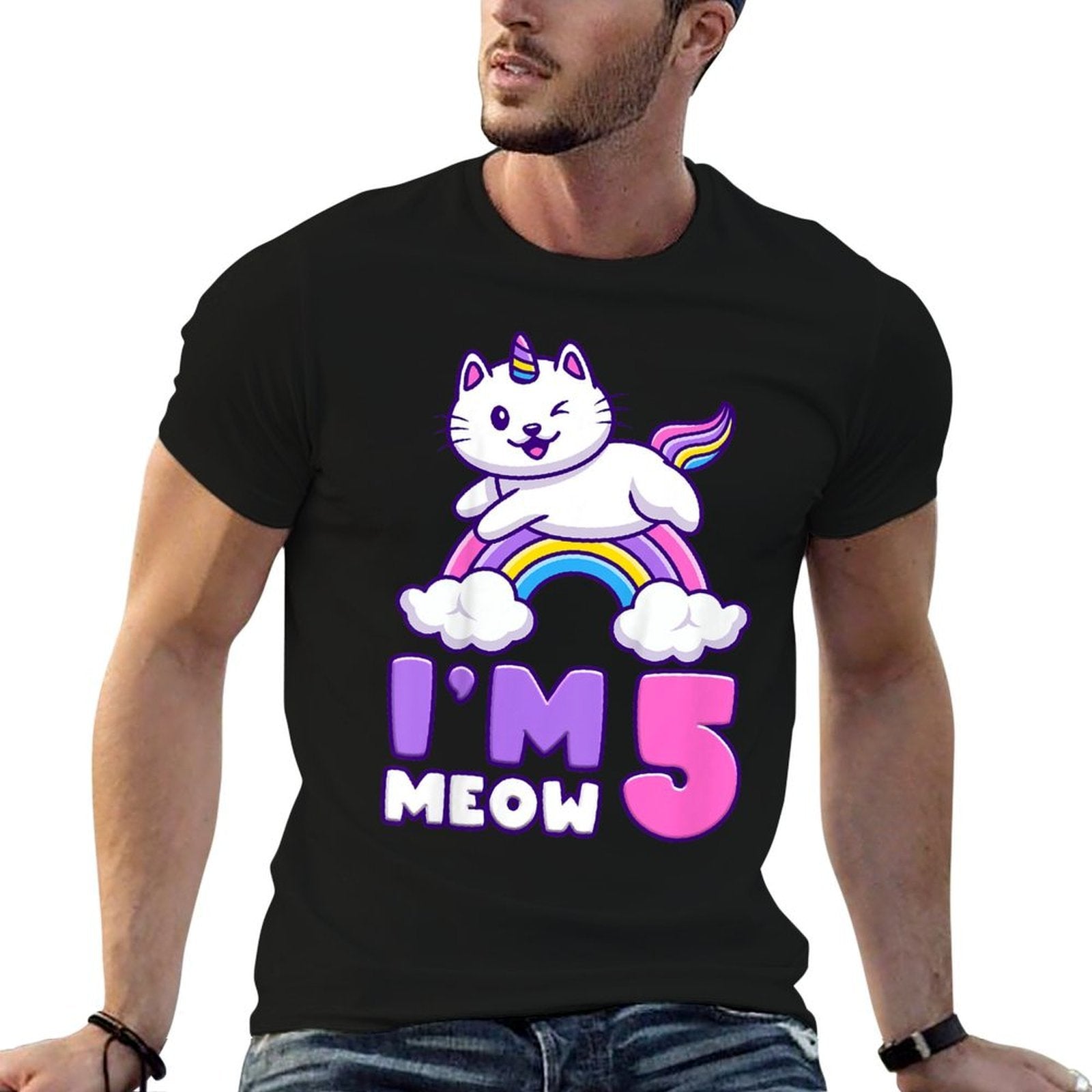Kids Birthday Girl 5 Years Old, Cat, Unicorn, 5th Birthday  Trendy Pattern T-Shirt