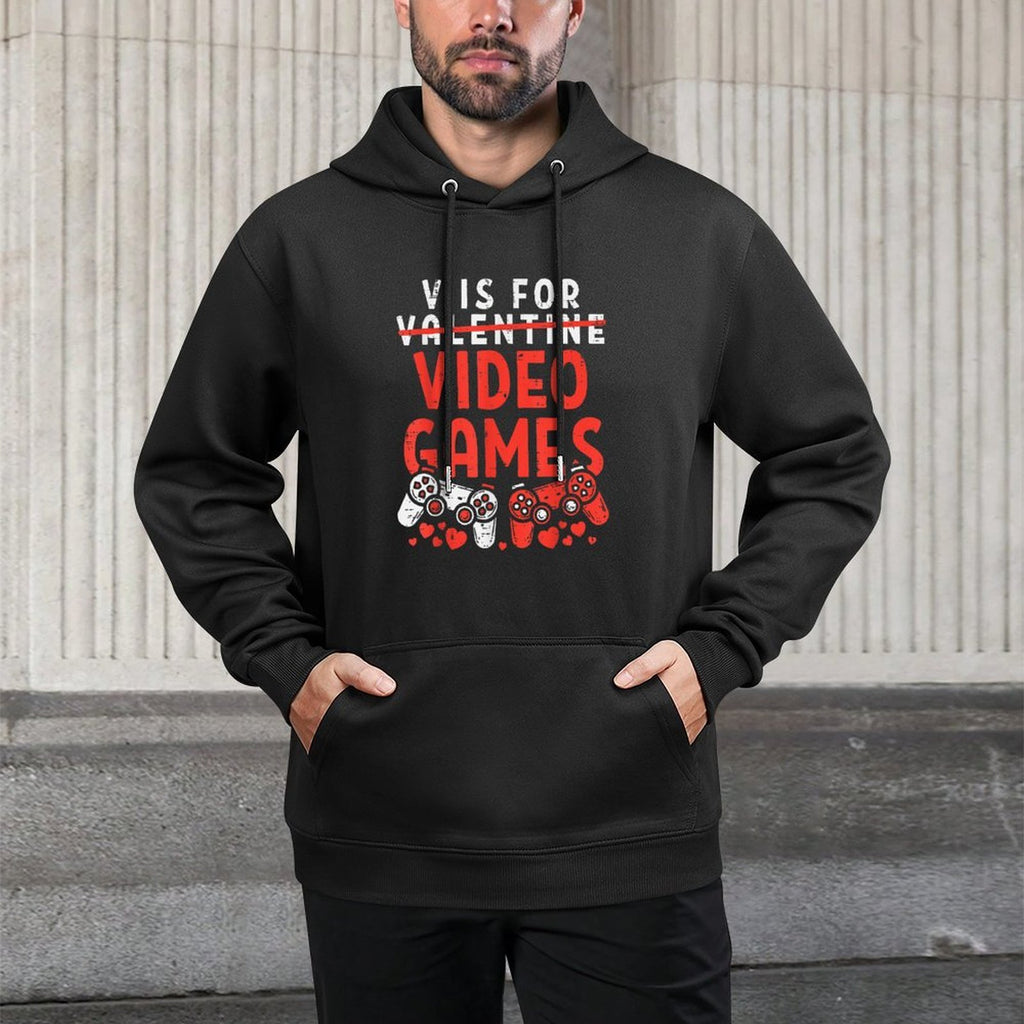 V Is For Video Games Funny Valentines Gamer Boy Men Kids Pilling-Resistant Hoodie