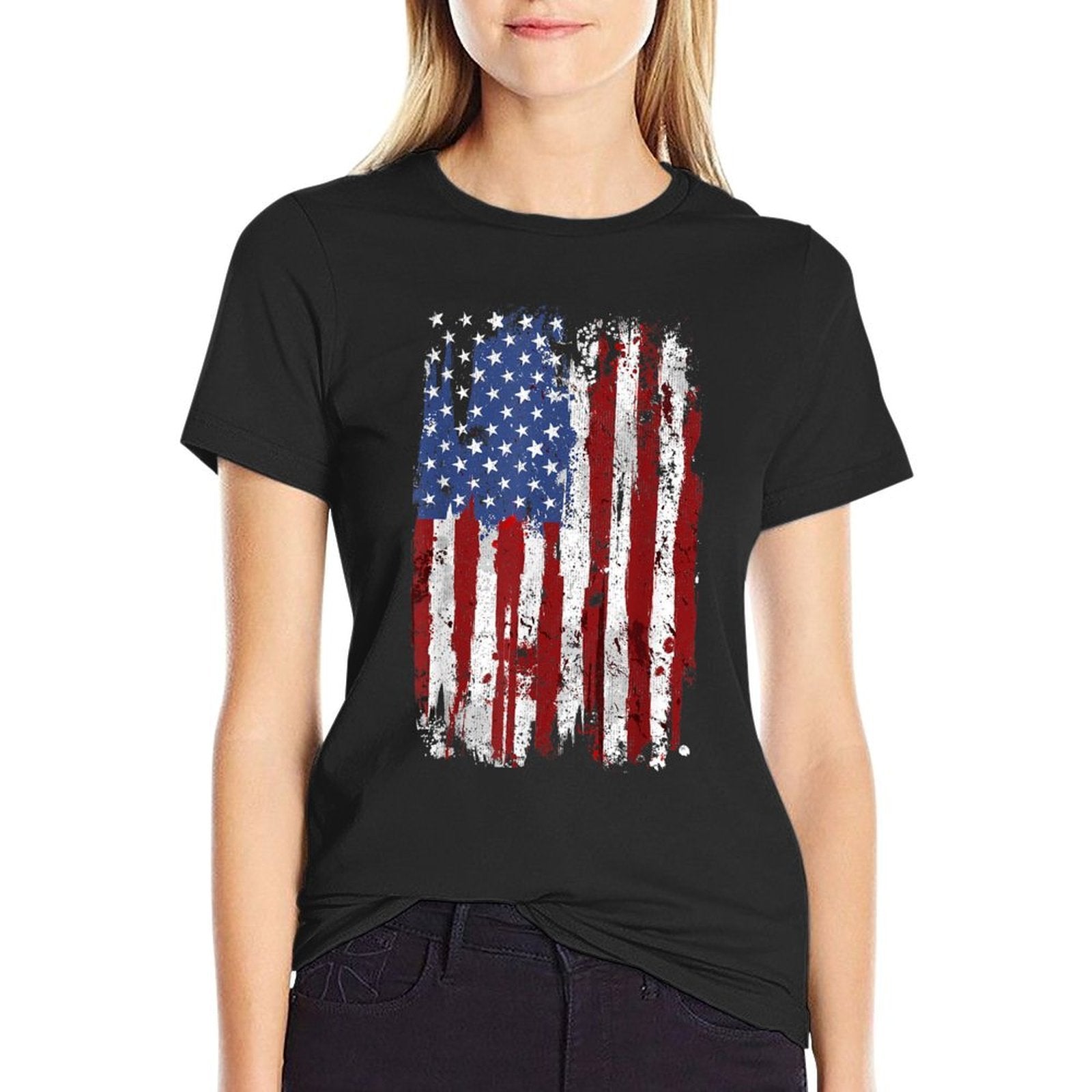 USA American United States of America 4th of July  Ribbed Collar T-Shirt
