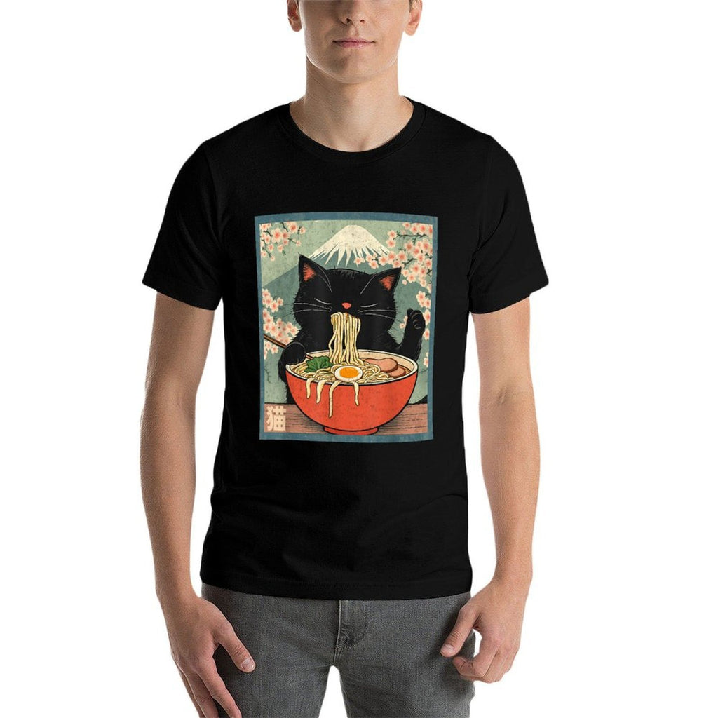 Retro Kawaii Animes Cat Eating Ramen Anime Japanese  Durable T-Shirt