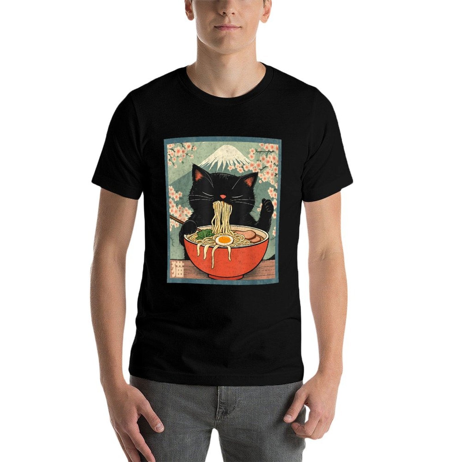 Retro Kawaii Animes Cat Eating Ramen Anime Japanese  Durable T-Shirt