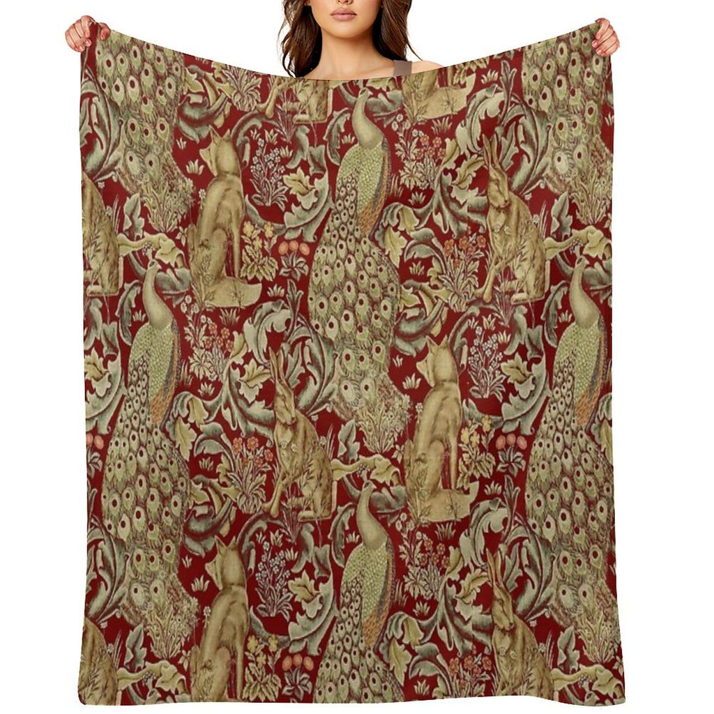 FOREST ANIMALS,PEACOCKS,FOX AND HARE IN RED LEAVES FLORAL PATTERN Machine-washable Throw Blanket