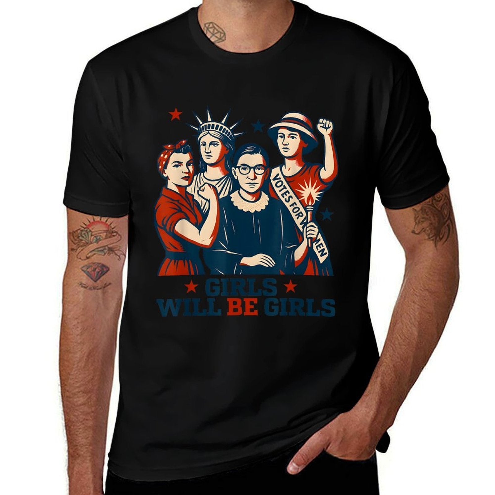 Girl Will Be Girls Patriotic Feminist 4th Of July USA Women  Eco-friendly Material T-Shirt