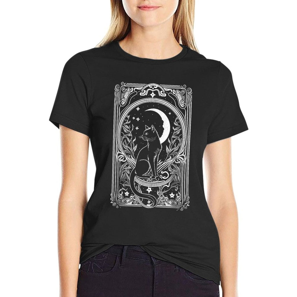Cute Cat Lover, Moon Tarot Card, Cat Tarot Card Crescet Moon  Rolled Sleeves T-Shirt