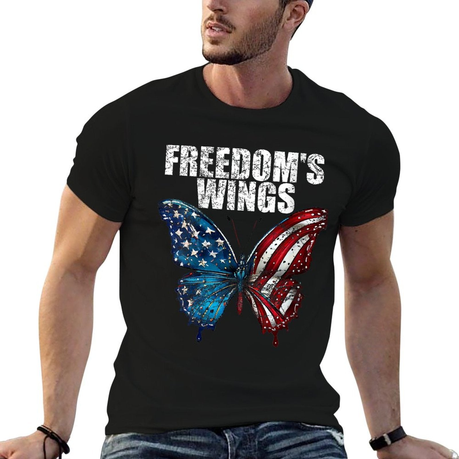 Womens Freedom's Wings Patriotic Butterfly 4th Of July American  Easy-care T-Shirt