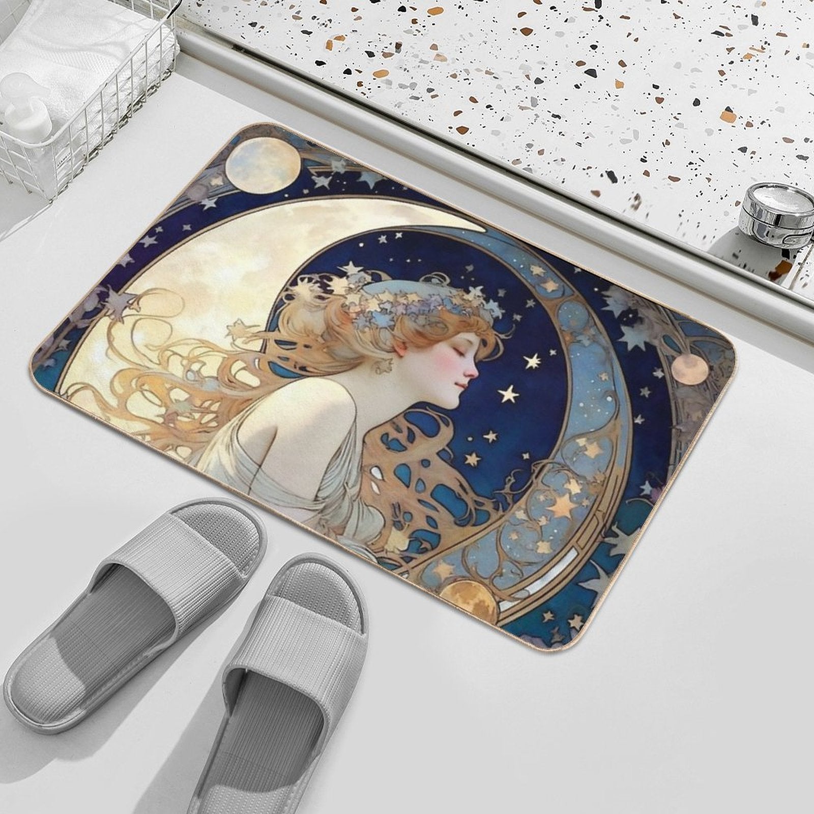 Celestial Dreams Alphonse Mucha Inspired Moon And Stars  Non-Slip Bath Mat